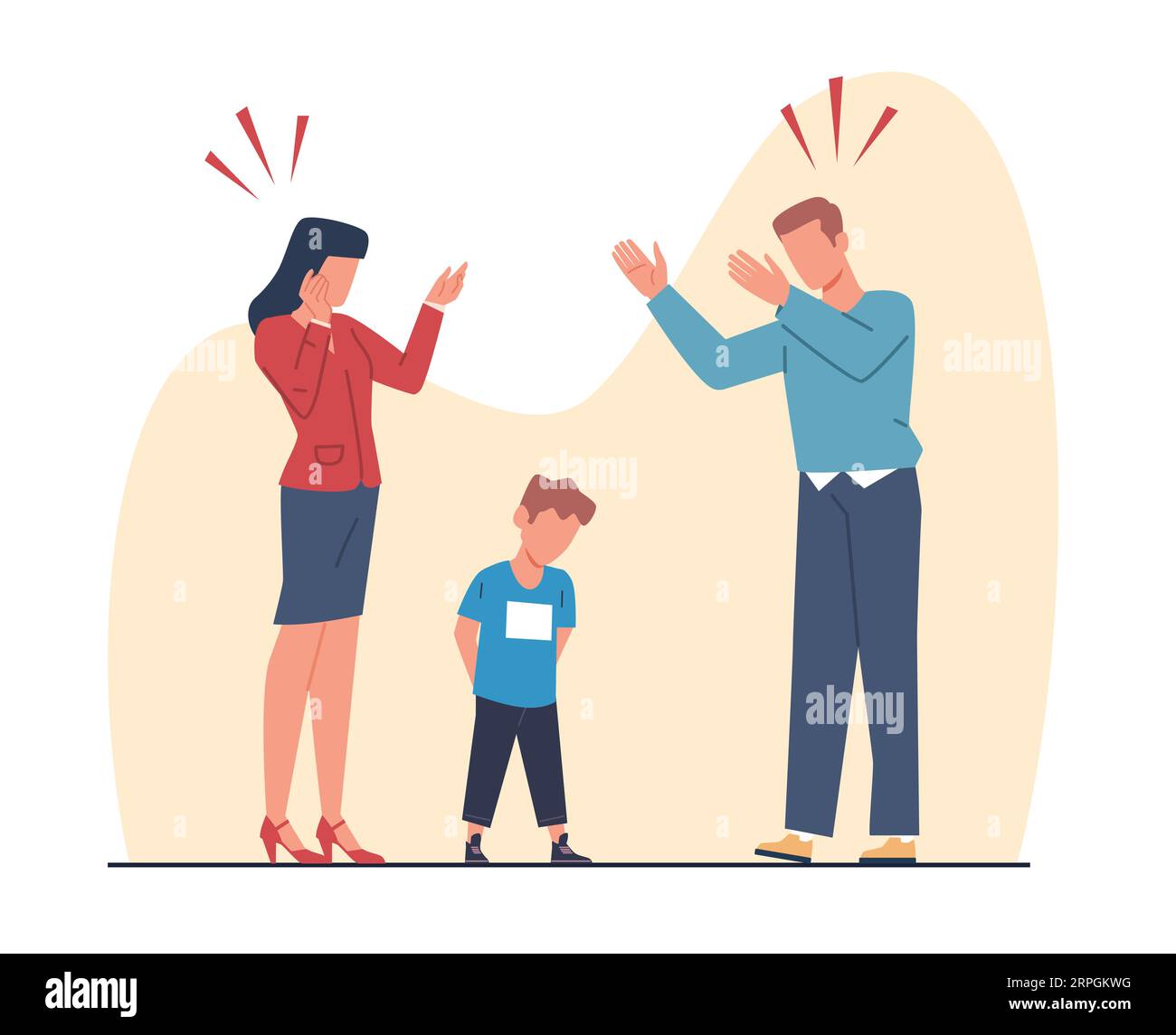 Concept de conflit familial, mère et père criant au fils. Enfant malheureux, parents en colère, scène de situation stressante, homme et femme se disputant. Dessin animé Illustration de Vecteur