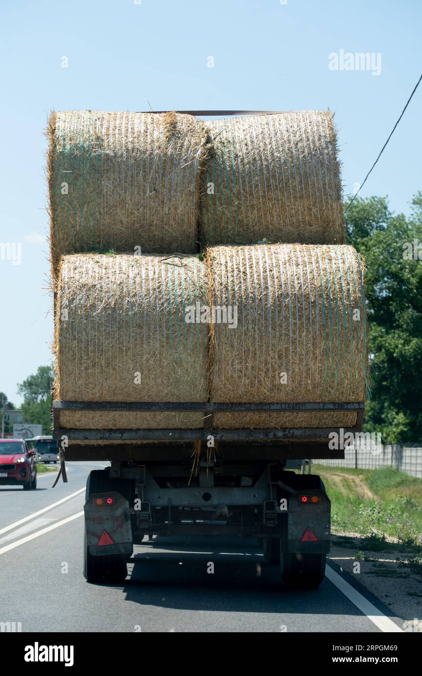 camion transportant quatre balles de foin Banque D'Images