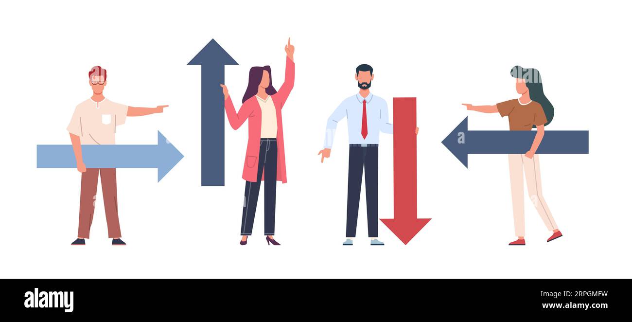 Ensemble d'hommes et de femmes avec de grandes flèches dans leurs mains montrant des directions différentes. Symbole de navigation. Les gens d'affaires ensemble, de diverses façons. Dessin animé Illustration de Vecteur
