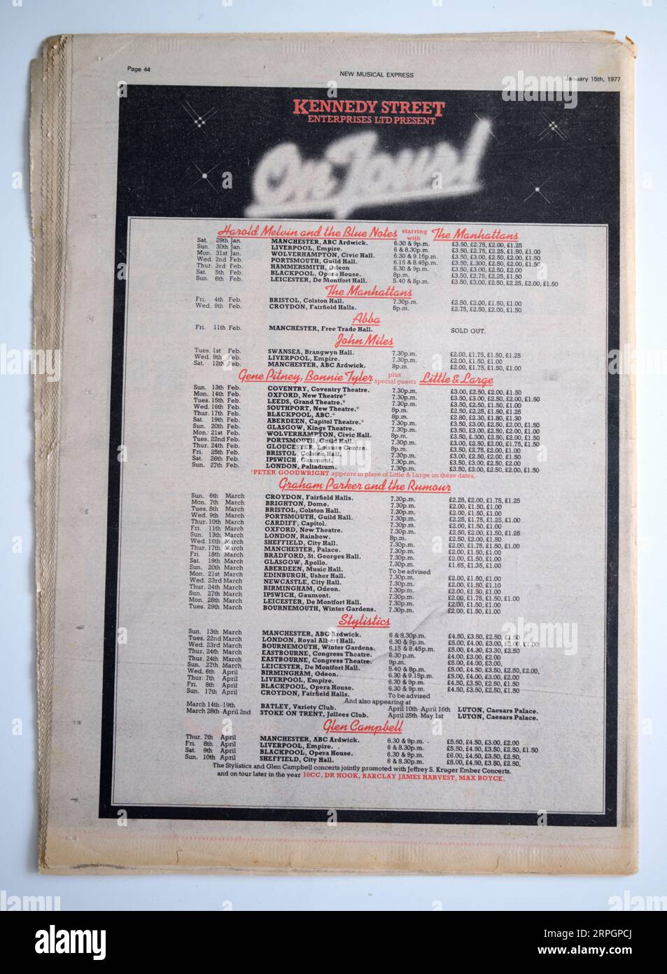 Retour page des années 1970 New Music Express NME annonce Kennedy Street Enterprises dates de tournée pour divers groupes Pop et Rock Banque D'Images