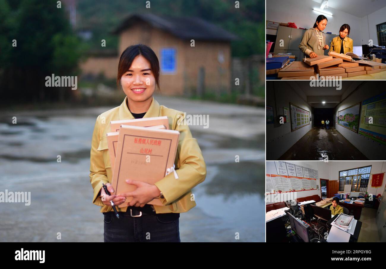 191024 -- RONG AN, 24 octobre 2019 -- la photo combinée montre Wei Yuqi, 27 ans, maire adjoint du canton de Banlan, posant pour une image principale dans la mise en page et Wei exécutant ses fonctions des images plus petites dans la colonne de droite, dans le canton de Banlan, comté de Rong an, région autonome Guangxi Zhuang du sud-ouest de la Chine, le 22 octobre 2019. Travailleur expérimenté dans la lutte contre la pauvreté, Wei a pris ses fonctions en tant que maire adjoint du canton de Banlan en mars 2019. Cerné dans une zone montagneuse où sévit la désertification pierreuse, le comté de Rong an, dans le sud-ouest de la Chine, lutte contre une pauvreté extrême qui est aggravée Banque D'Images