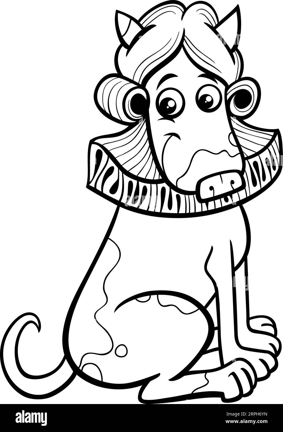 Illustration de dessin animé noir et blanc de drôle assis chien brun ou chiot personnage d'animal comique dans une perruque et avec une page de coloriage de collier ruff Illustration de Vecteur