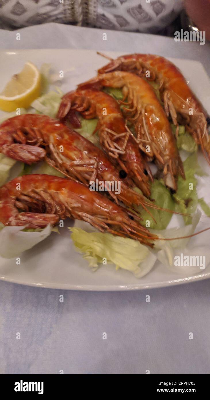 Nourriture de mer espagnole, bébé pieuvre frits, poisson, rondelles de calamars servies avec du citron, gros plan Banque D'Images