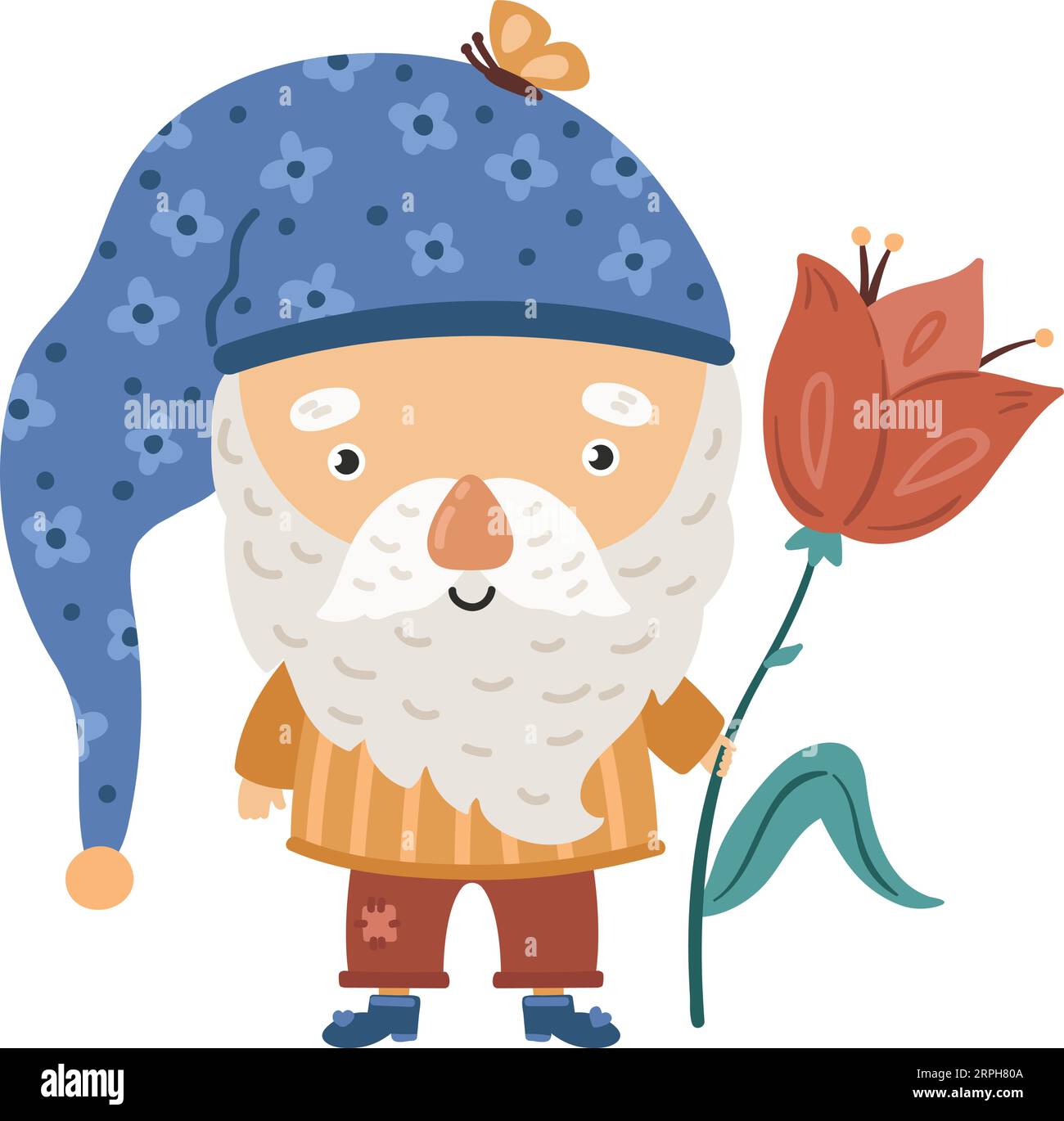 Gnome de jardin avec tulipe. Mignon petit vieil homme avec barbe Illustration de Vecteur