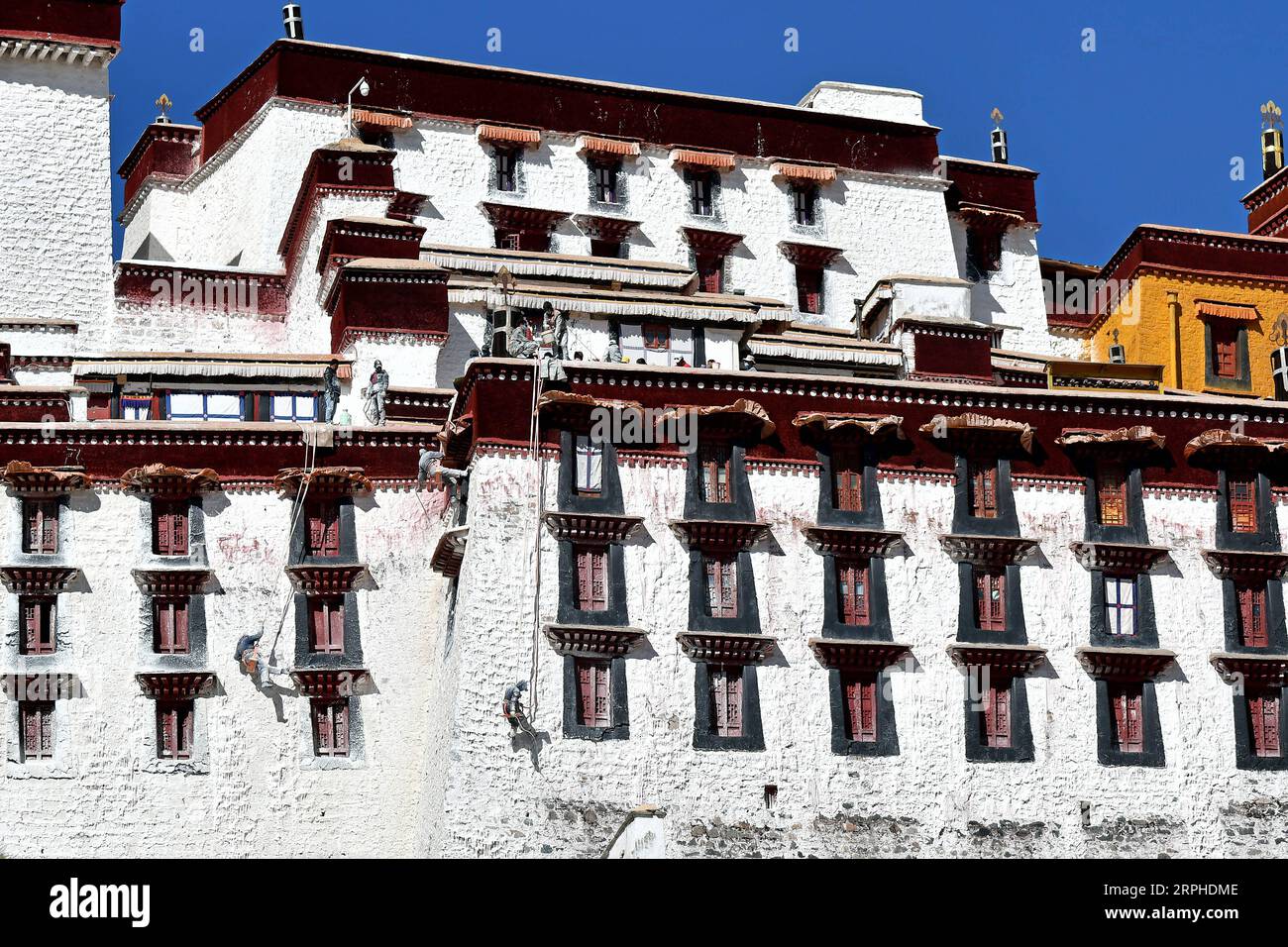 191106 -- LHASSA, 6 novembre 2019 -- des ouvriers peignent le mur du palais du Potala à Lhassa, dans la région autonome du Tibet du sud-ouest de la Chine, 2 novembre 2019. Chaque année, des ouvriers et des centaines de bénévoles locaux se réunissent au palais du Potala à Lhassa pour donner un coup de fouet à l'ancien palais. Le palais vieux de 1 300 ans est un point de repère de Lhassa. Il a accueilli 1,45 millions de touristes en 2017. Le palais a été inscrit sur la liste du patrimoine mondial de l'UNESCO en 1994. Il faut généralement environ une douzaine de jours pour peindre le palais en préparation du prochain Lhabab Duchen, qui est censé être le jour où le Bouddha est descendu de la Banque D'Images