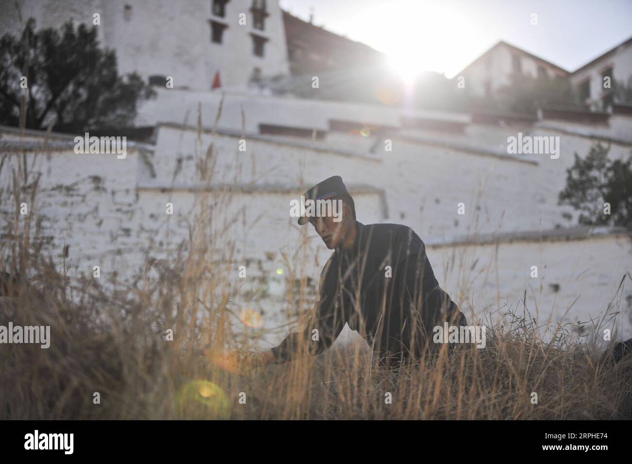 191106 -- LHASSA, 6 novembre 2019 -- Un pompier enlève les mauvaises herbes des environs du palais du Potala pour la prévention des incendies hivernaux à Lhassa, capitale de la région autonome du Tibet du sud-ouest de la Chine, 6 novembre 2019. Le palais vieux de 1 300 ans a été construit par le roi tibétain Songtsa Gambo au VIIe siècle. Le palais a été inscrit sur la liste du patrimoine mondial de l'UNESCO en 1994. CHINE-TIBET-PALAIS DE LHASSA-POTALA-PRÉVENTION DES INCENDIES CN JIGMEXDORGI PUBLICATIONXNOTXINXCHN Banque D'Images
