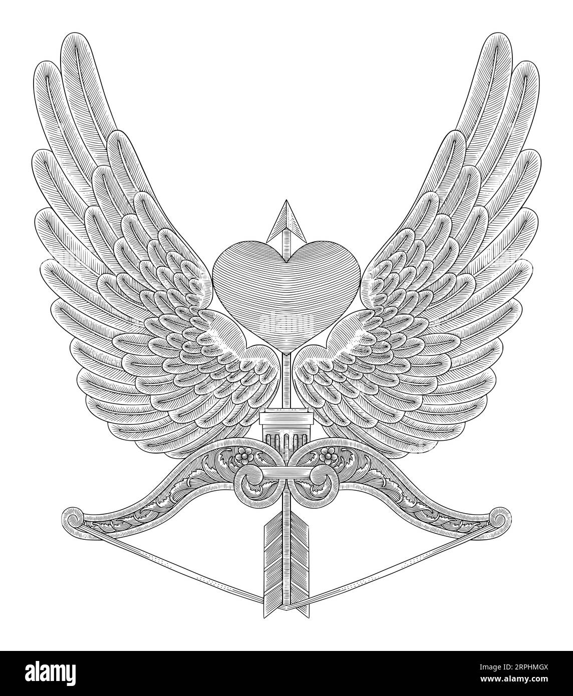 Coeur d'ange avec des ailes, arc, flèche et ornement, gravure Vintage illustration vectorielle de style dessin Illustration de Vecteur