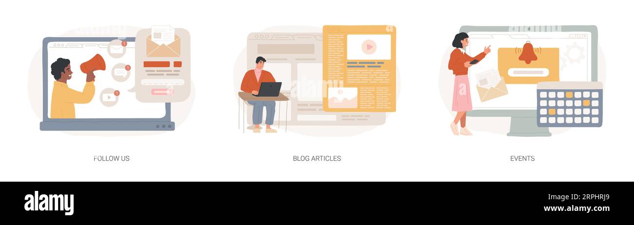 Liens de site Web d'entreprise ensemble isolé d'illustrations vectorielles de concept. Suivez-nous, articles de blog, événements, médias sociaux, inscrivez-vous à la newsletter, publications, page d'entreprise, concept de vecteur de notification. Illustration de Vecteur