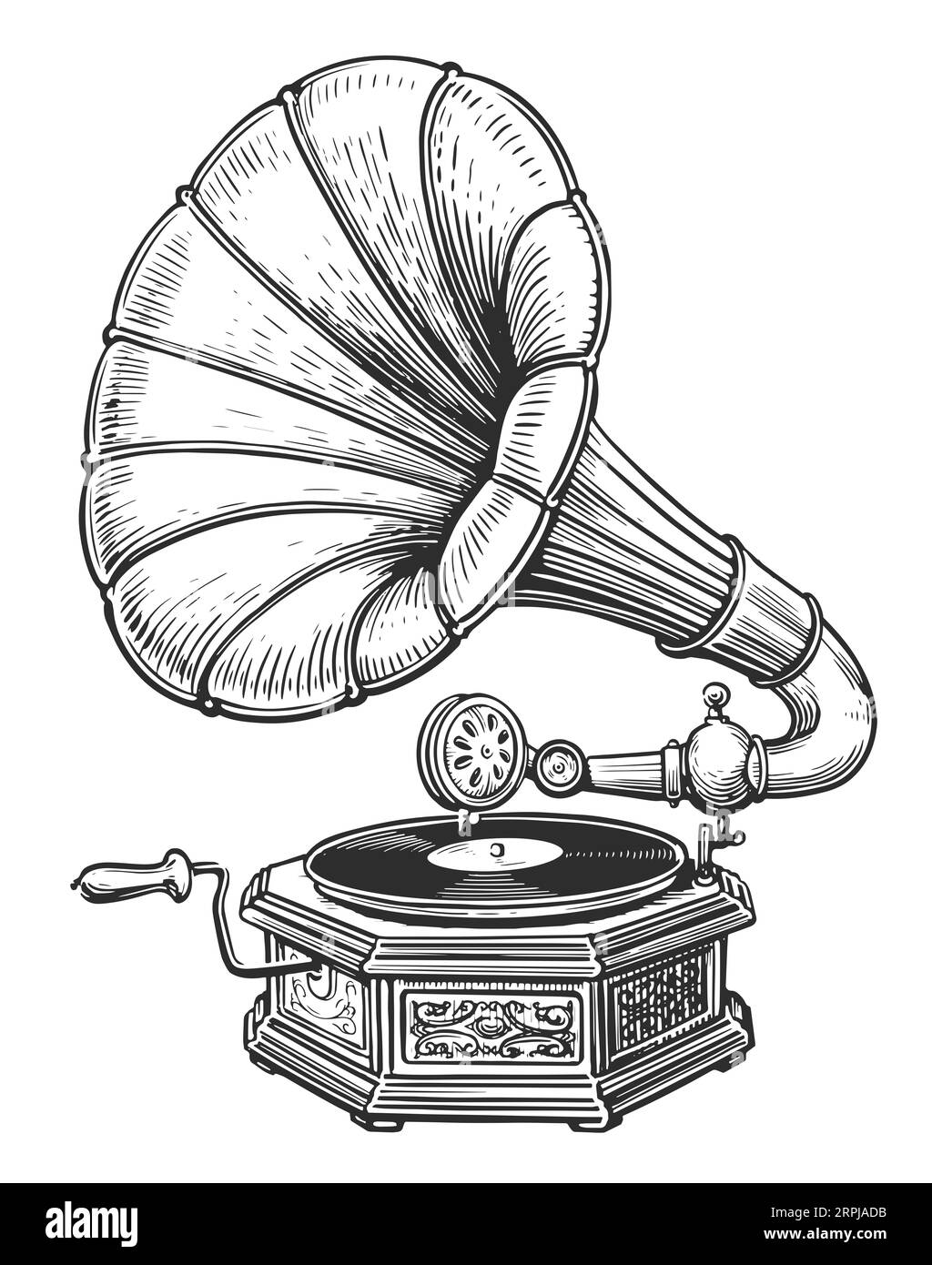 Style de gravure de gramophone vintage. Vieux tourne-disque avec disque vinyle. Illustration de croquis d'équipement musical rétro Banque D'Images