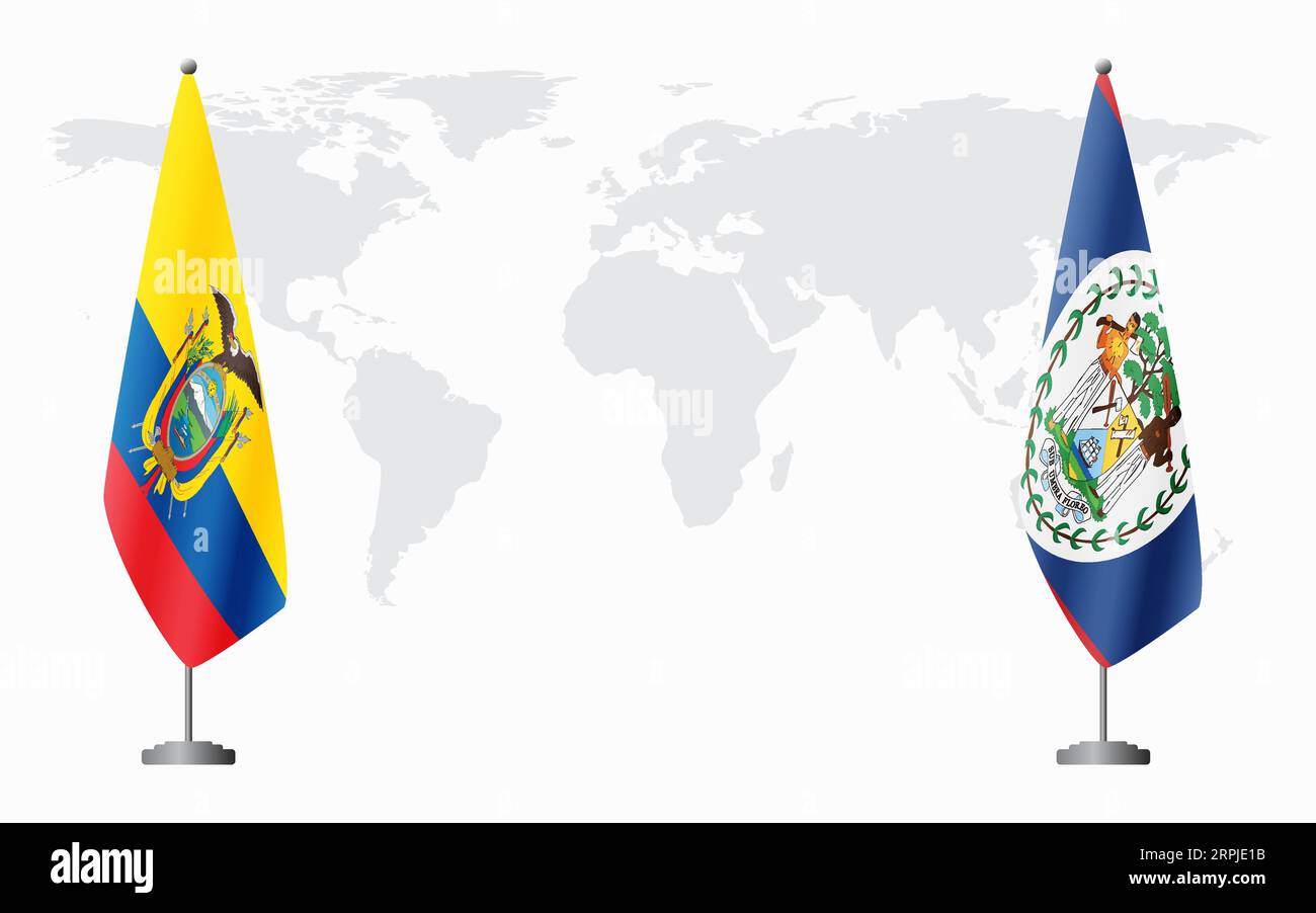 Drapeaux de l'Équateur et du Belize pour la réunion officielle sur fond de carte du monde. Illustration de Vecteur