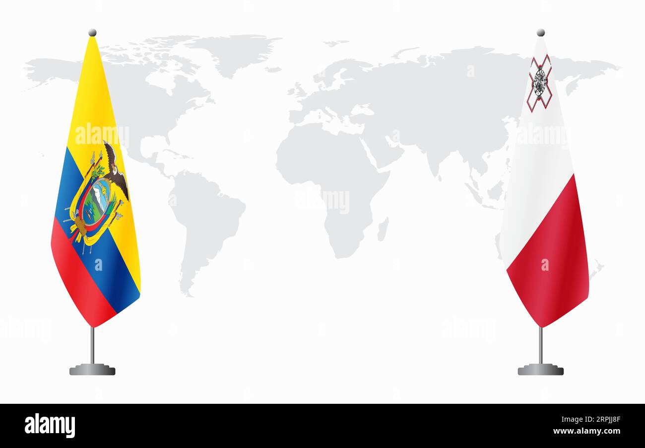 Drapeaux de l'Équateur et de Malte pour la réunion officielle sur fond de carte du monde. Illustration de Vecteur