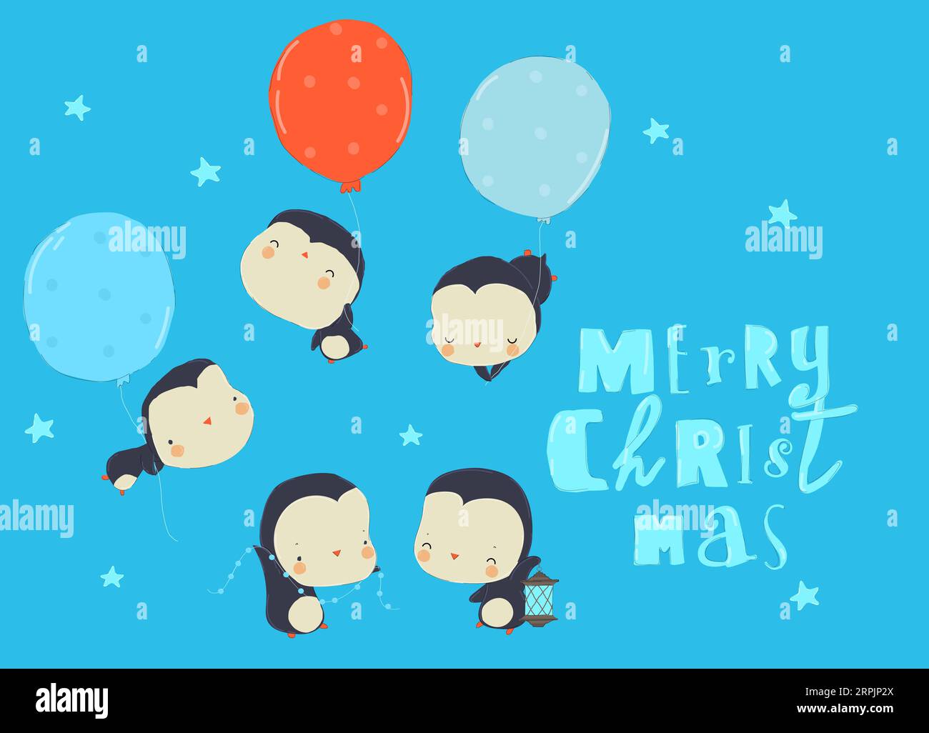 Mignon pingouins dessinés à la main volant avec ballons de couleur, Joyeux voeux de Noël Illustration de Vecteur