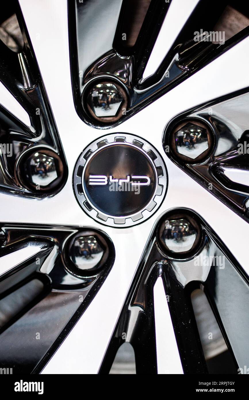 Munich, Allemagne. 04 septembre 2023. Le logo du fabricant BYD est visible sur un véhicule BYD lors de la journée de presse du salon de l'automobile et des transports IAA dans un hall de la Messe München. Le salon international de l'automobile IAA MOBILITY 2023 aura lieu à Munich du 05 au 10 septembre. Crédit : Matthias Balk/dpa/Alamy Live News Banque D'Images