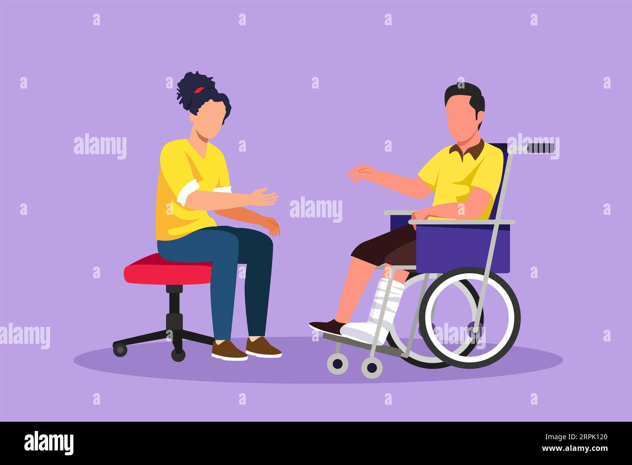Personnage à plat dessin deux personnes assises bavardant, une utilisant une chaise, une utilisant un fauteuil roulant. L'homme et la femme amicaux se parlent, dis humains Banque D'Images