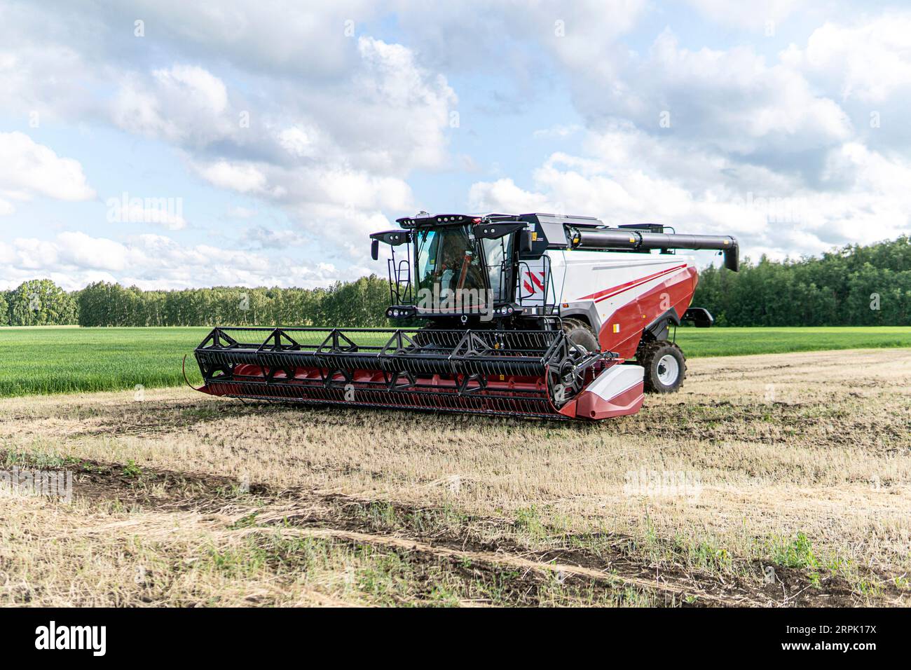 Travail des moissonneuses-batteuses dans les champs. Concept agricole. Moissonneuse-batteuse dans un champ sur un fond de ciel bleu et d'herbe verte. Banque D'Images