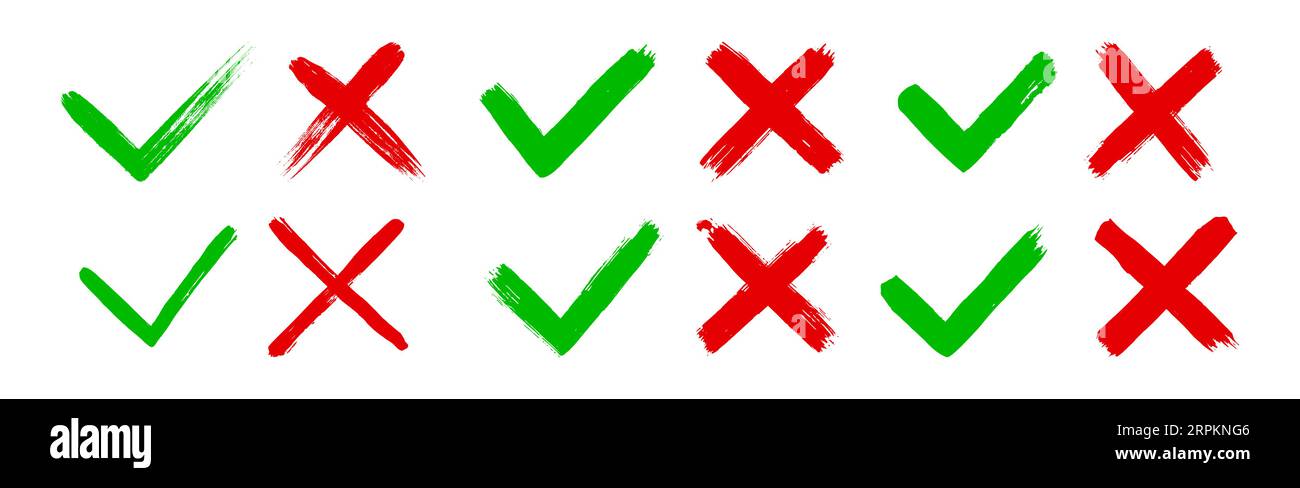 Grunge sale main dessinée avec des coups de pinceau croix X et cochez OK coche V Vector illustration Set Illustration de Vecteur