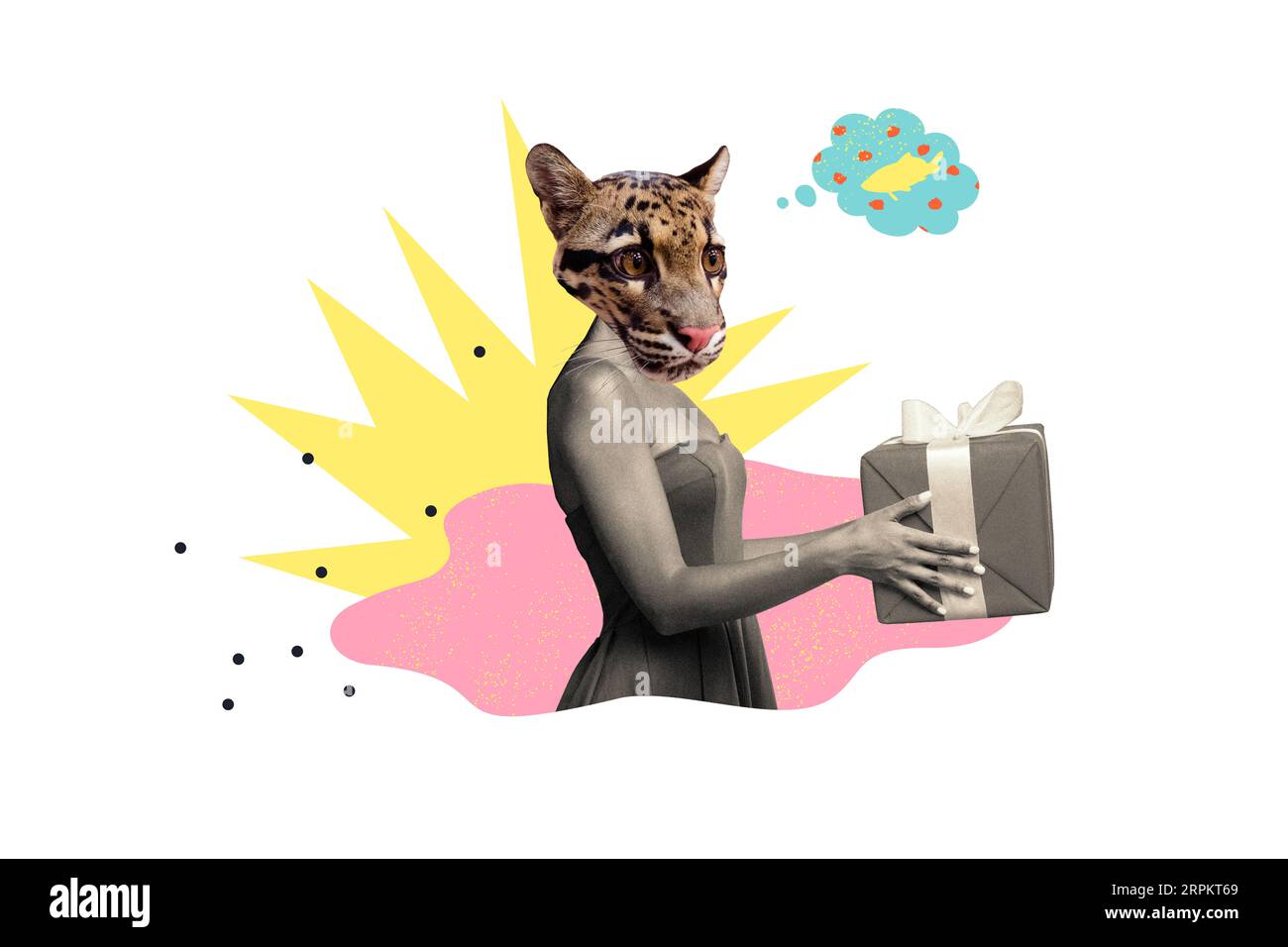 Collage de masque de tête de tigre absurde femme tenant une fête d'anniversaire surprise inattendue souhaite son poisson préféré isolé sur fond blanc Banque D'Images