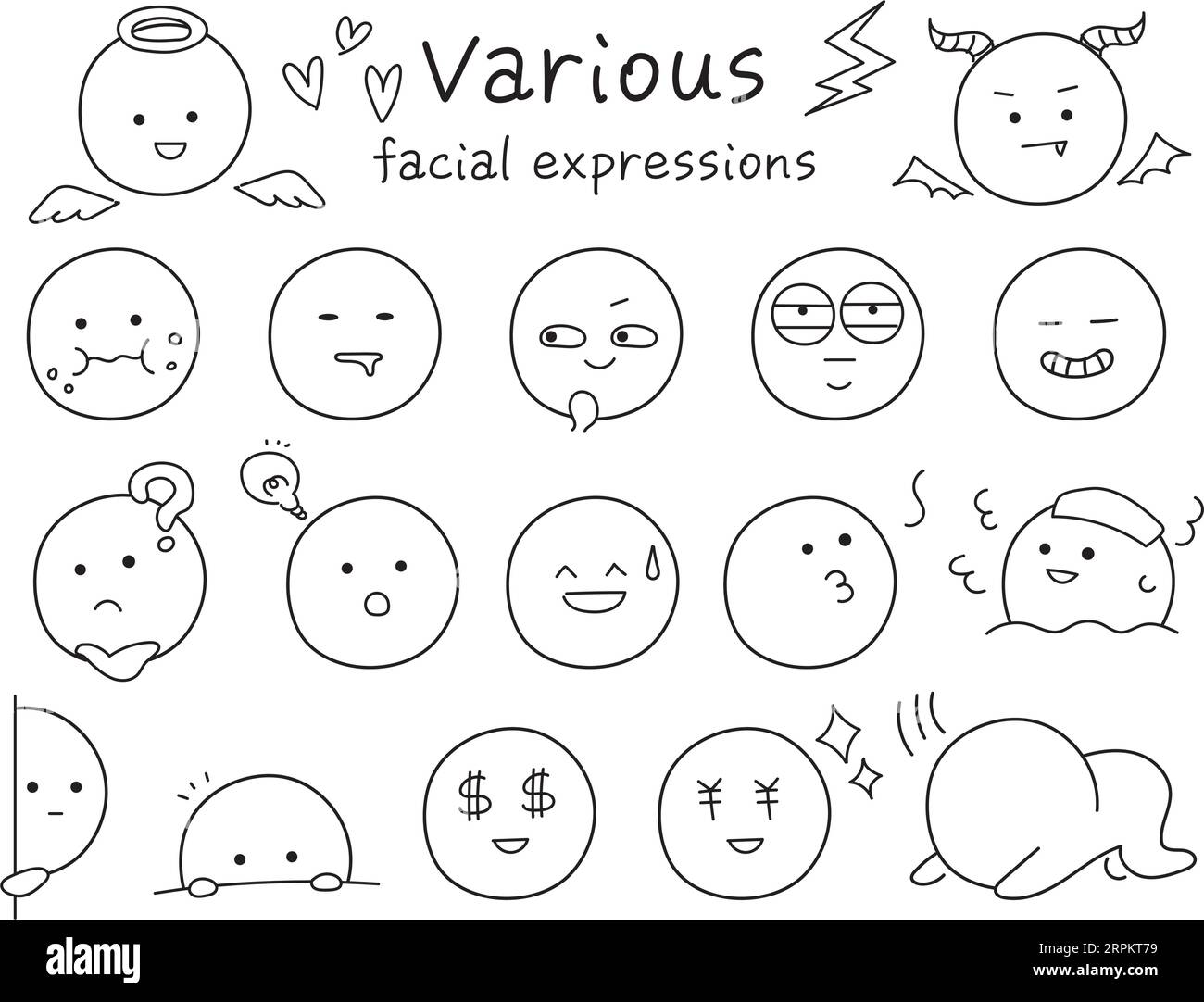Ensemble d'icônes simples et mignons de diverses expressions faciales. Dessin au trait noir avec touche dessinée à la main. Collection d'emojis drôles. Illustration de Vecteur