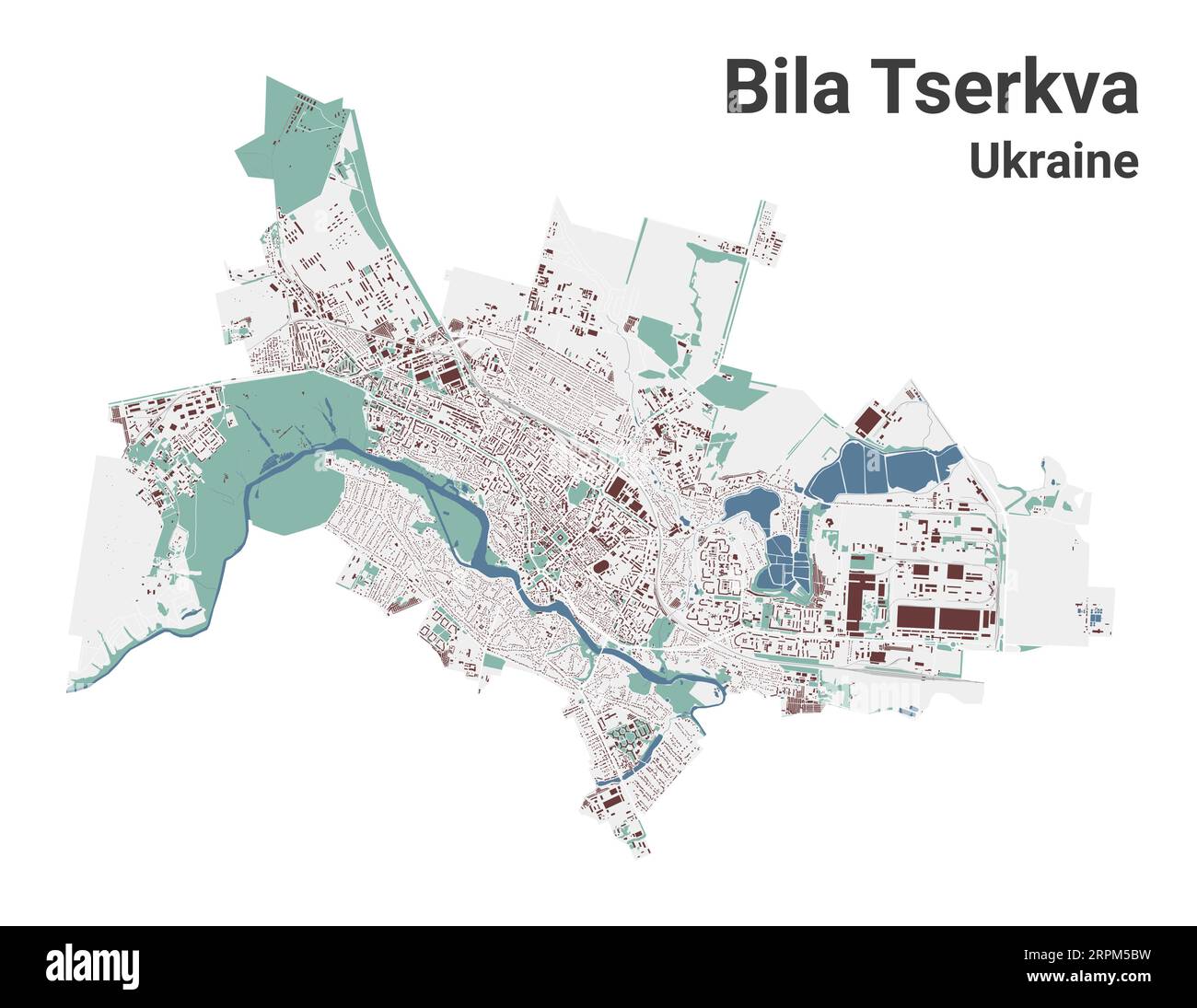 Carte de Bila Tserkva, ville dans Ukraine. Carte de la zone administrative municipale avec les bâtiments, les rivières et les routes, les parcs et les voies ferrées. Illustration vectorielle. Illustration de Vecteur