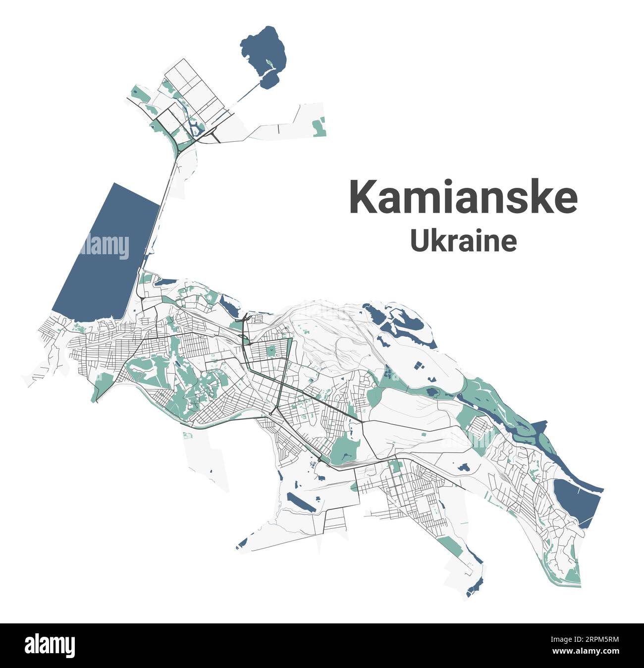 Carte de Kamianske, ville ukrainienne. Carte de la zone administrative municipale avec rivières et routes, parcs et voies ferrées. Illustration vectorielle. Illustration de Vecteur