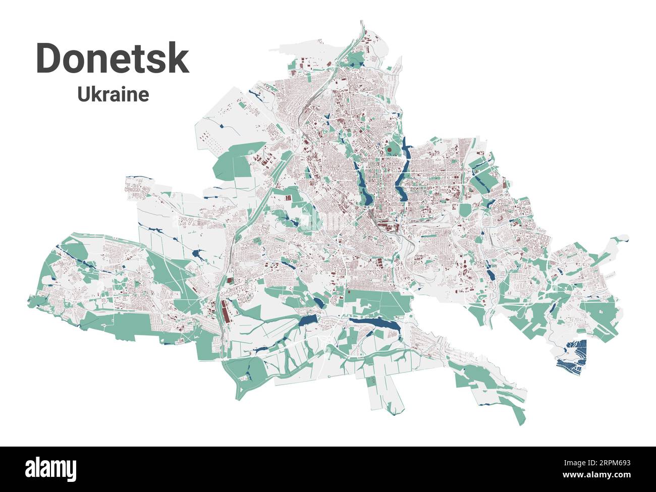 Carte de Donetsk, ville en Ukraine. Carte de la zone administrative municipale avec les bâtiments, les rivières et les routes, les parcs et les voies ferrées. Illustration vectorielle. Illustration de Vecteur