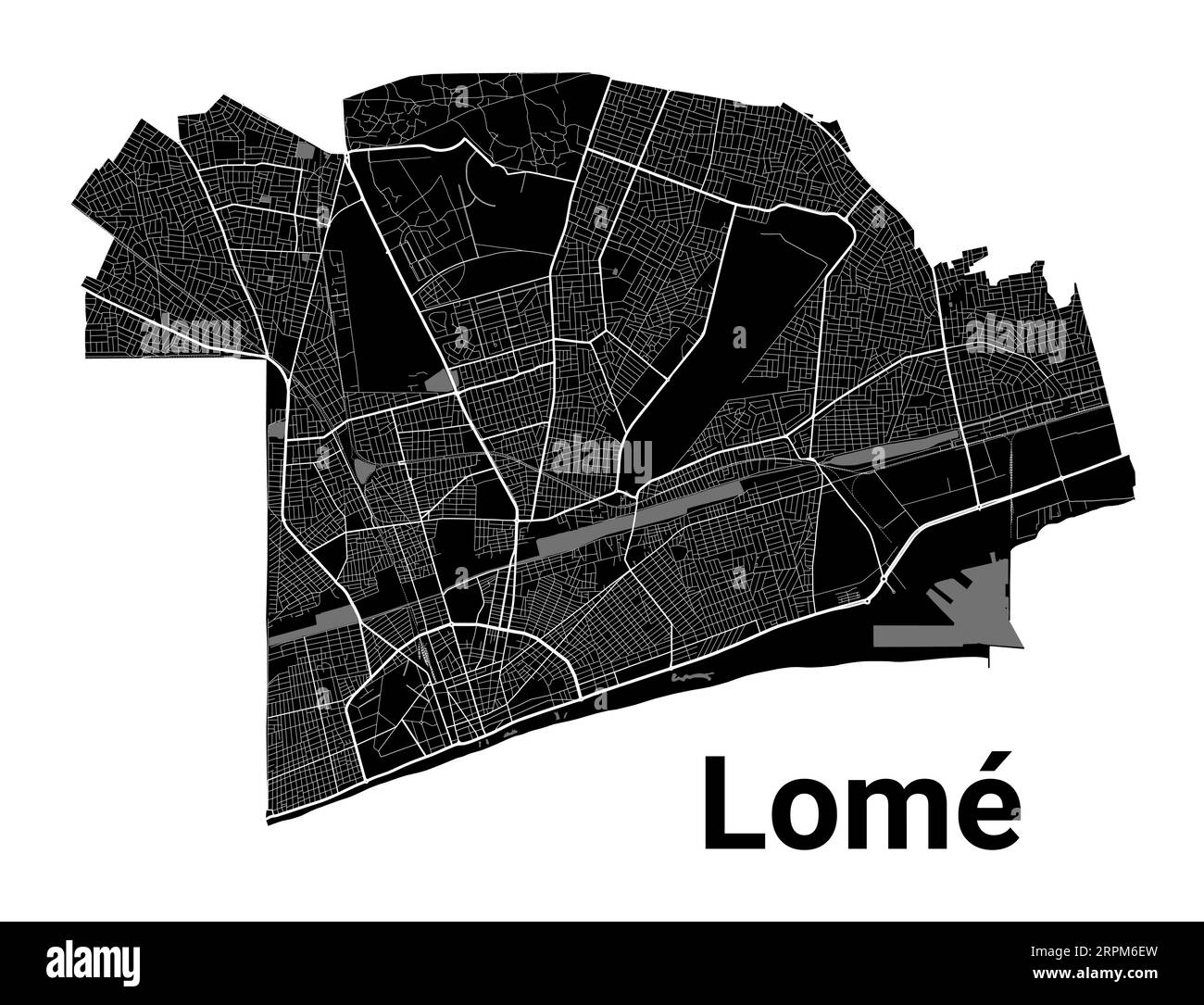 Plan de Lomé, capitale du Togo. Frontières administratives municipales, carte en noir et blanc avec rivières et routes, parcs et voies ferrées. Illustration vectorielle Illustration de Vecteur