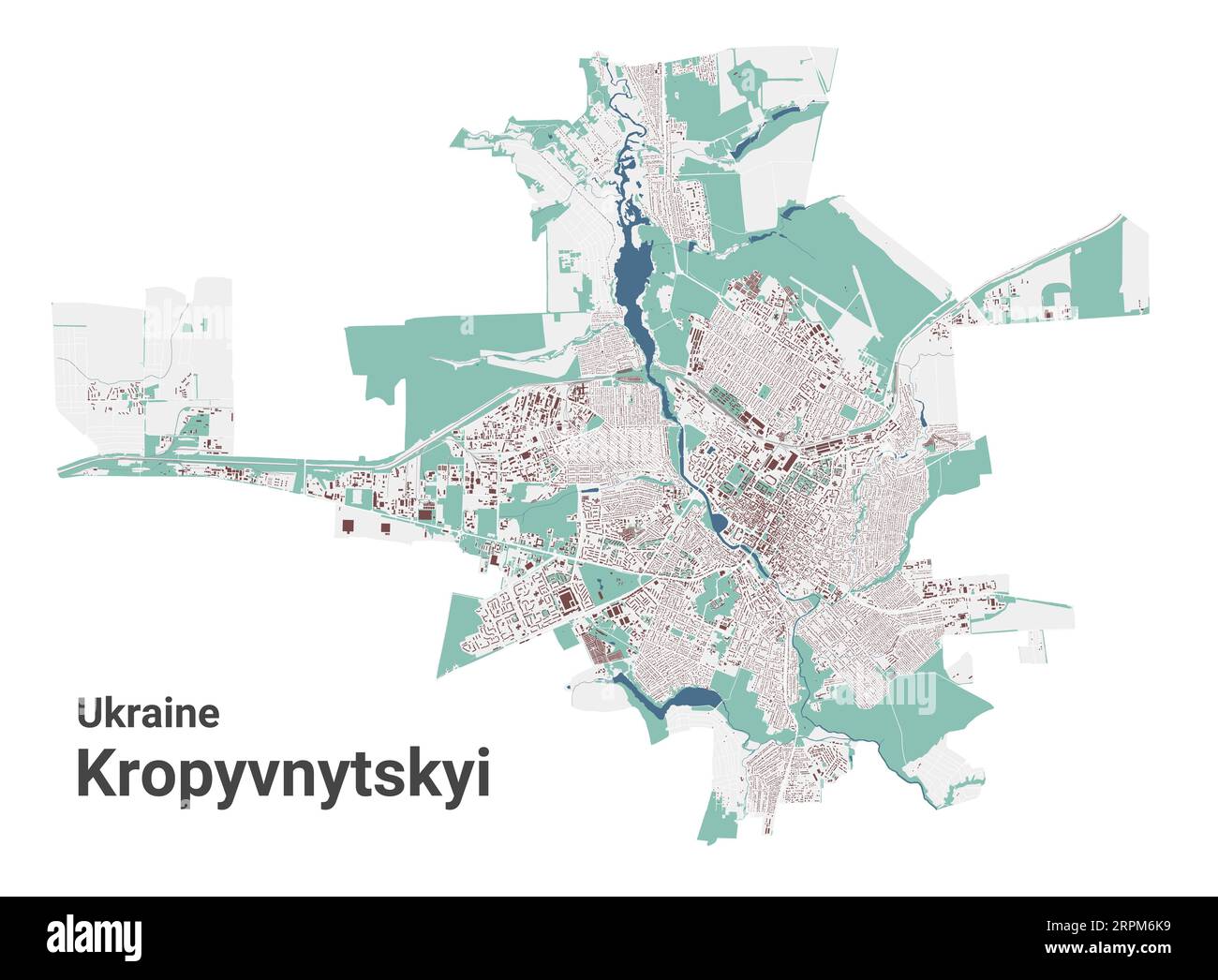 Carte Kropyvnytskyi, ville en Ukraine. Carte de la zone administrative municipale avec les bâtiments, les rivières et les routes, les parcs et les voies ferrées. Illustration vectorielle. Illustration de Vecteur