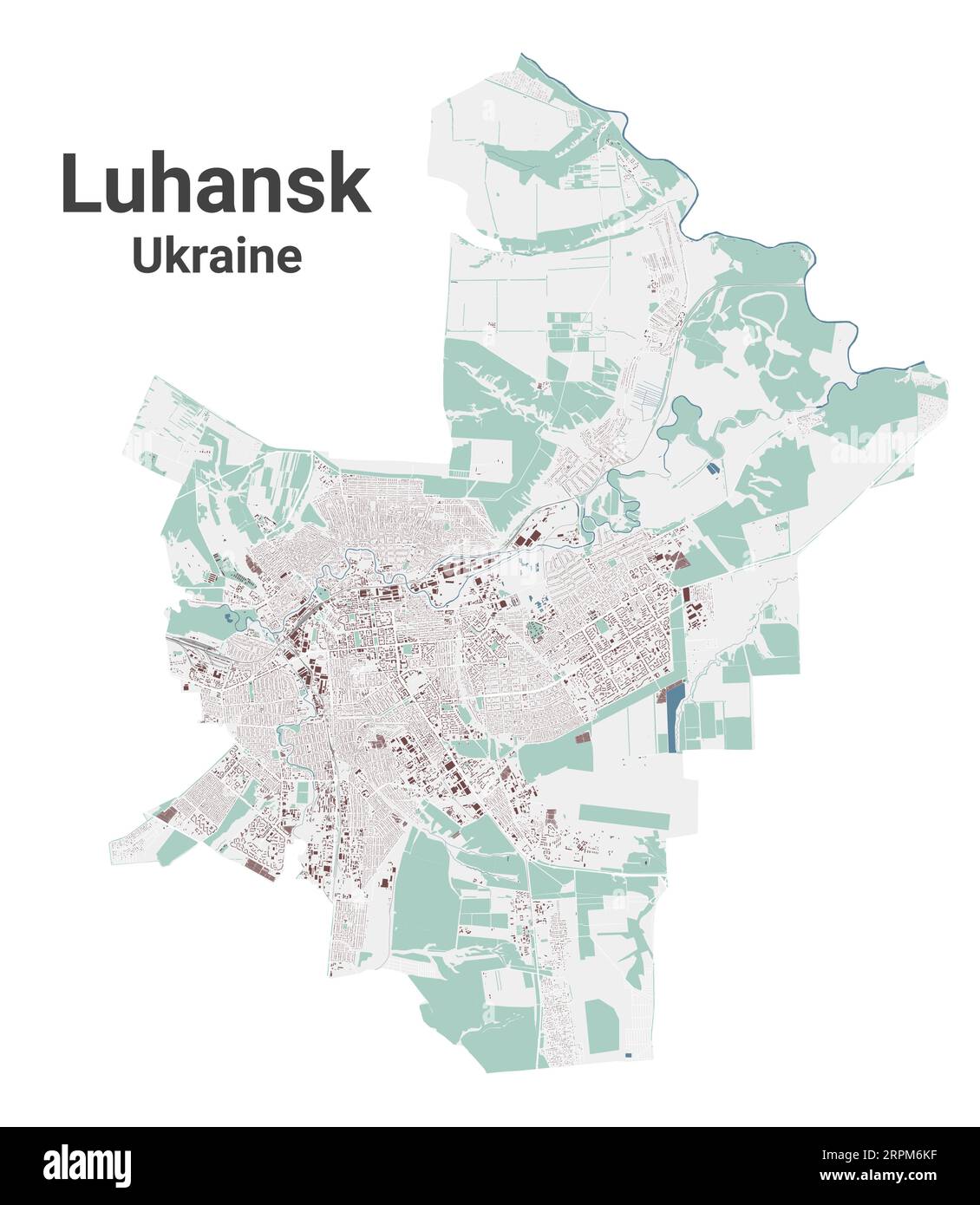 Carte de Luhansk, ville en Ukraine. Carte de la zone administrative municipale avec les bâtiments, les rivières et les routes, les parcs et les voies ferrées. Illustration vectorielle. Illustration de Vecteur