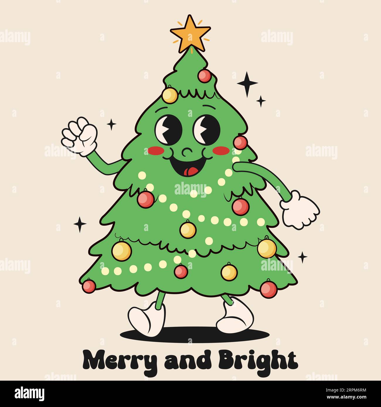 Rétro Cartoon Cristmas Tree, personnage drôle. Texte joyeux et lumineux. Illustration vectorielle. Illustration de Vecteur