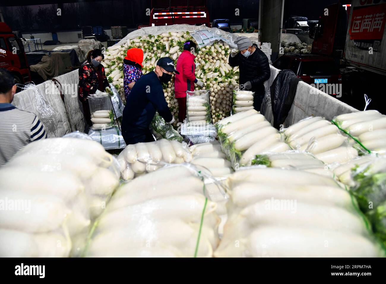 200201 -- SHOUGUANG, le 1 février 2020 -- des agriculteurs livrent des légumes dans un parc logistique de produits agricoles à Shouguang, dans la province du Shandong de l est de la Chine, le 1 février 2020. La ville de Shouguang, l une des principales bases de production de légumes en Chine, a activé des plans d urgence pour promouvoir la transaction de légumes frais après l épidémie du nouveau coronavirus. En ce moment, il fournit à Wuhan 600 tonnes de légumes par jour. Dans le même temps, il peut également répondre aux demandes dans la province du Shandong ainsi que Beijing et Shanghai. CHINE-SHANDONG-SHOUGUANG-APPROVISIONNEMENT DE LÉGUMES CN GUOXXULEI PUBLICATIONXNOTXINXCH Banque D'Images