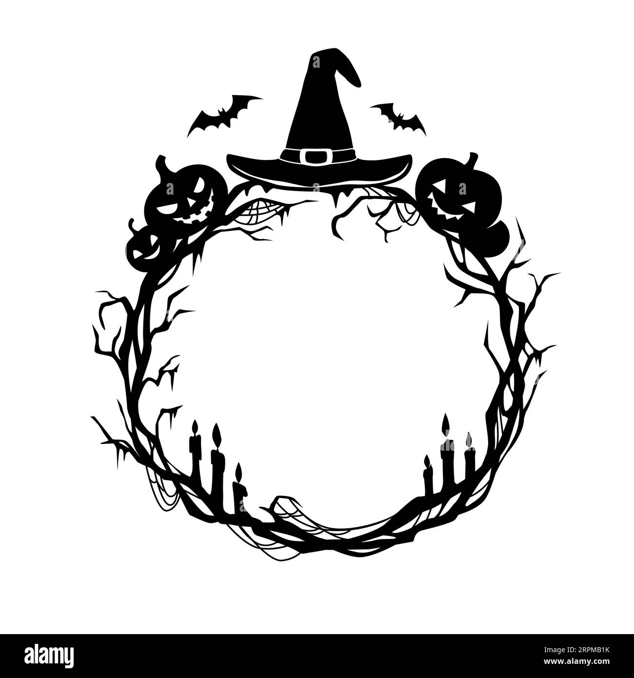 Cadre noir de vacances Halloween avec des bougies et des chauves-souris, chapeau de sorcière et citrouilles, frontière vectorielle. Cadre de bordure de cercle de nuit d'horreur d'Halloween avec la citrouille effrayante effrayante effrayante et des arbres effrayants pour la carte de voeux Illustration de Vecteur