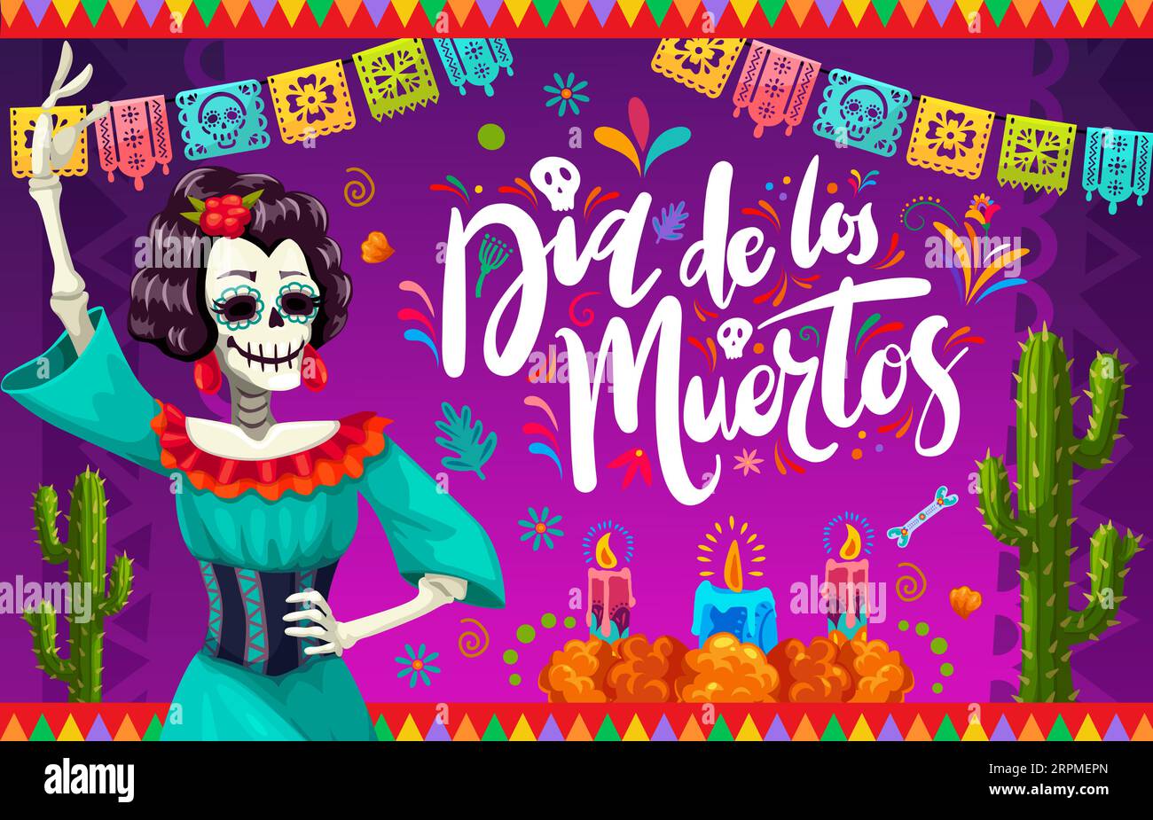 Fête mexicaine du jour des morts Catrina caractère et papel picado guirlande de papier découpé avec des bougies et des fleurs de souci. Vecteur Dia de Los Muertos calavera squelette danseur, ofrenda autel et drapeaux Illustration de Vecteur