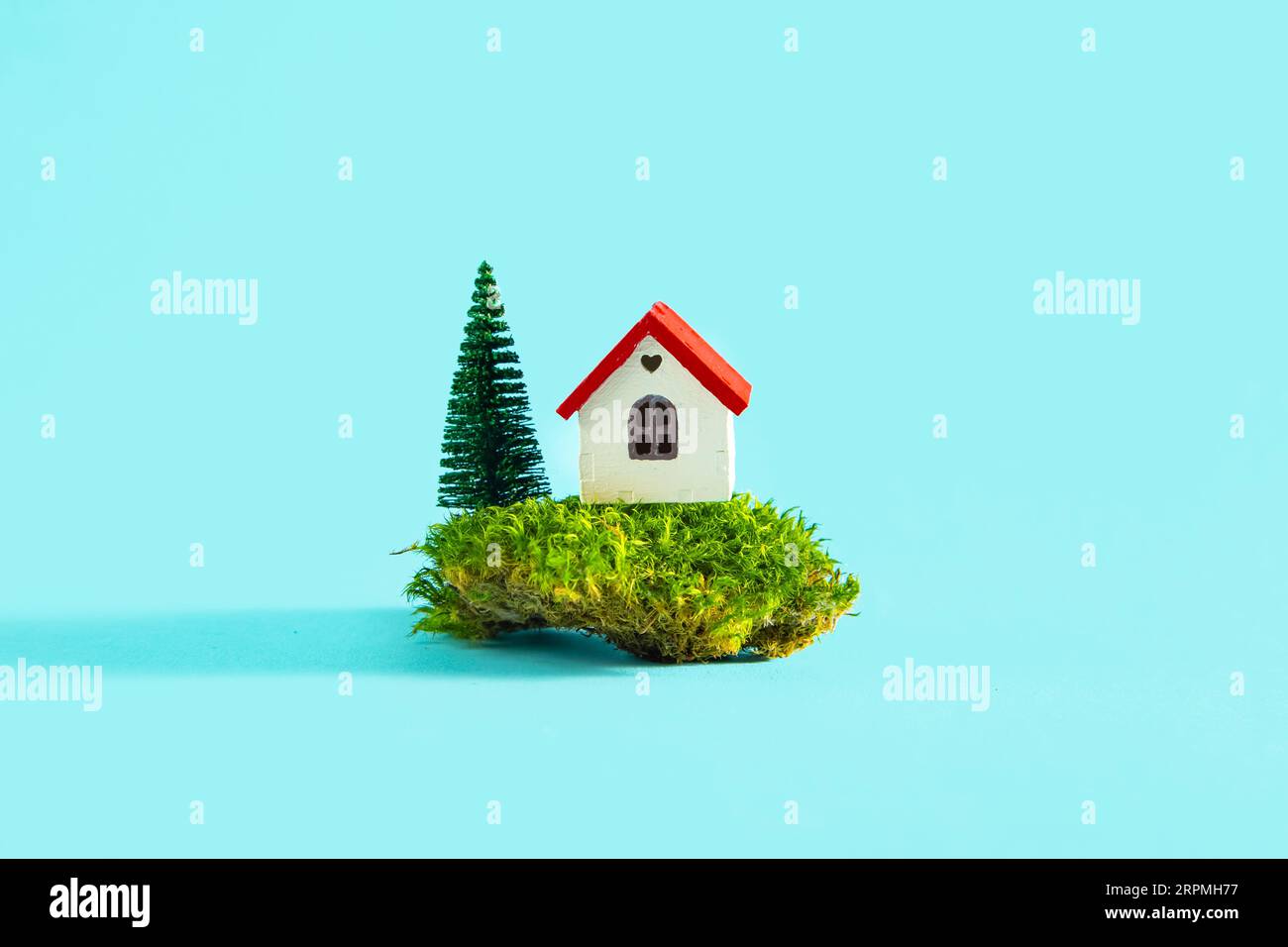 Modèle de maison avec verdure sur fond bleu. Le concept du marché du logement, l'achat ou la location de biens immobiliers. Banque D'Images
