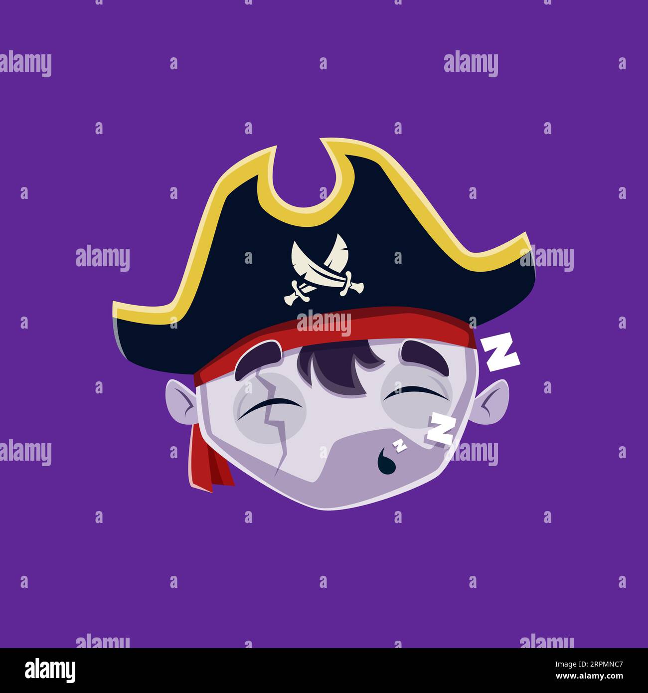 Personnage emoji pirate endormi Halloween de dessin animé. Vecteur isolé snoozing corsair avec les yeux fermés, bandana et chapeau tricorne avec sabres croisés. Le visage du personnage de filibuster effrayant fait un zzz sonore Illustration de Vecteur