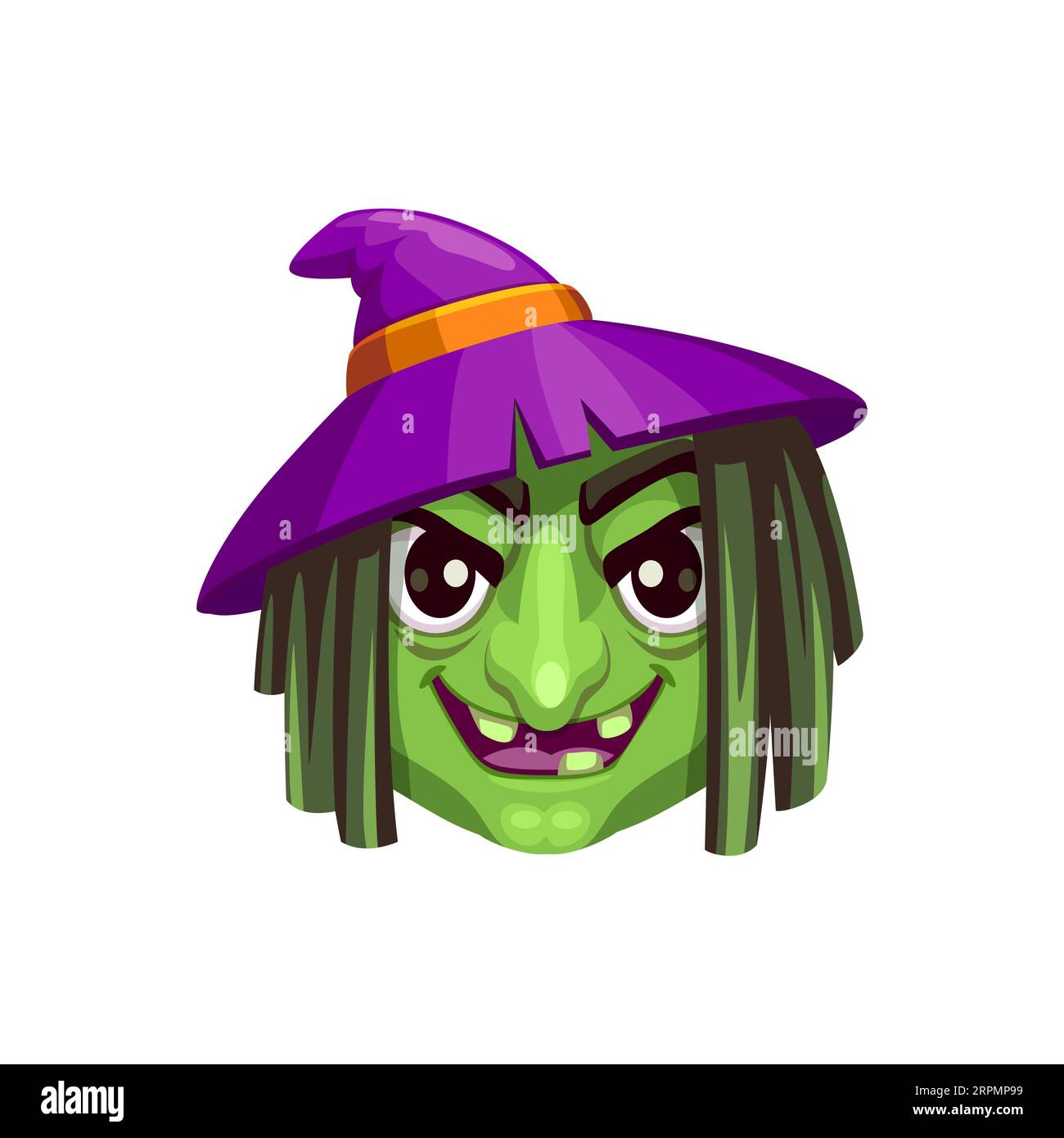 Personnage emoji de sorcière de dessin animé Halloween. Vecteur isolé vieux visage maléfique hag avec la peau verte et la bouche sans dents, porter un chapeau pointu, et sourire effrayant transmet le plaisir ludique aux messages pendant le chat de vacances Illustration de Vecteur