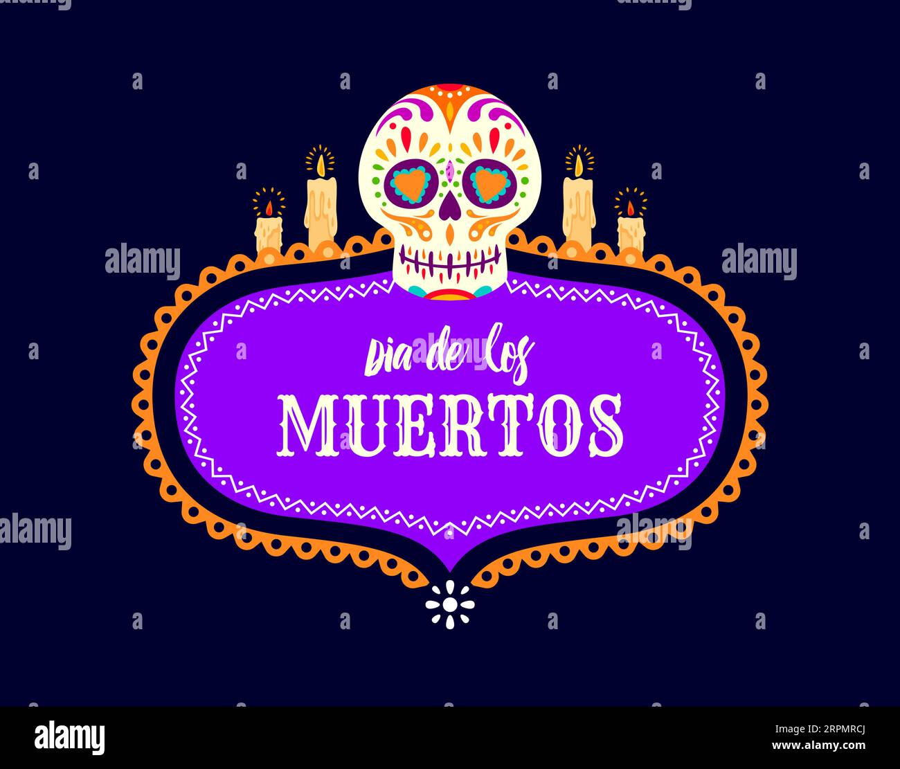 Cadre de vacances mexicain Day of the Dead avec crâne de calavera en sucre et bougies. Vector Mexico Halloween ou Dia de Los Muertos ofrenda autel squelette tête, crâne de calavera avec ornements floraux ethniques Illustration de Vecteur