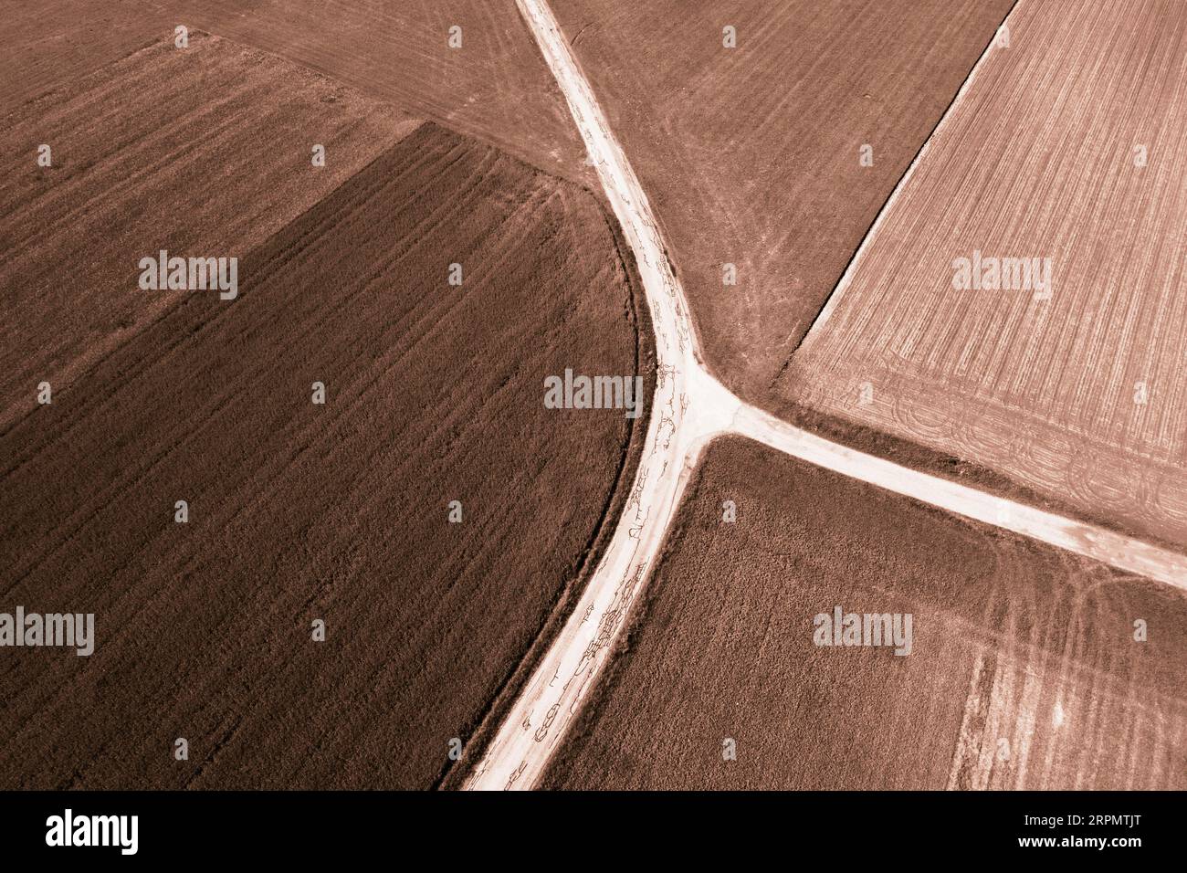 Drone shot, sépia, paysage agricole, chemin de champ avec des carrefours mène à travers les prairies et les champs, Lochen, Innviertel, haute-Autriche, Autriche Banque D'Images