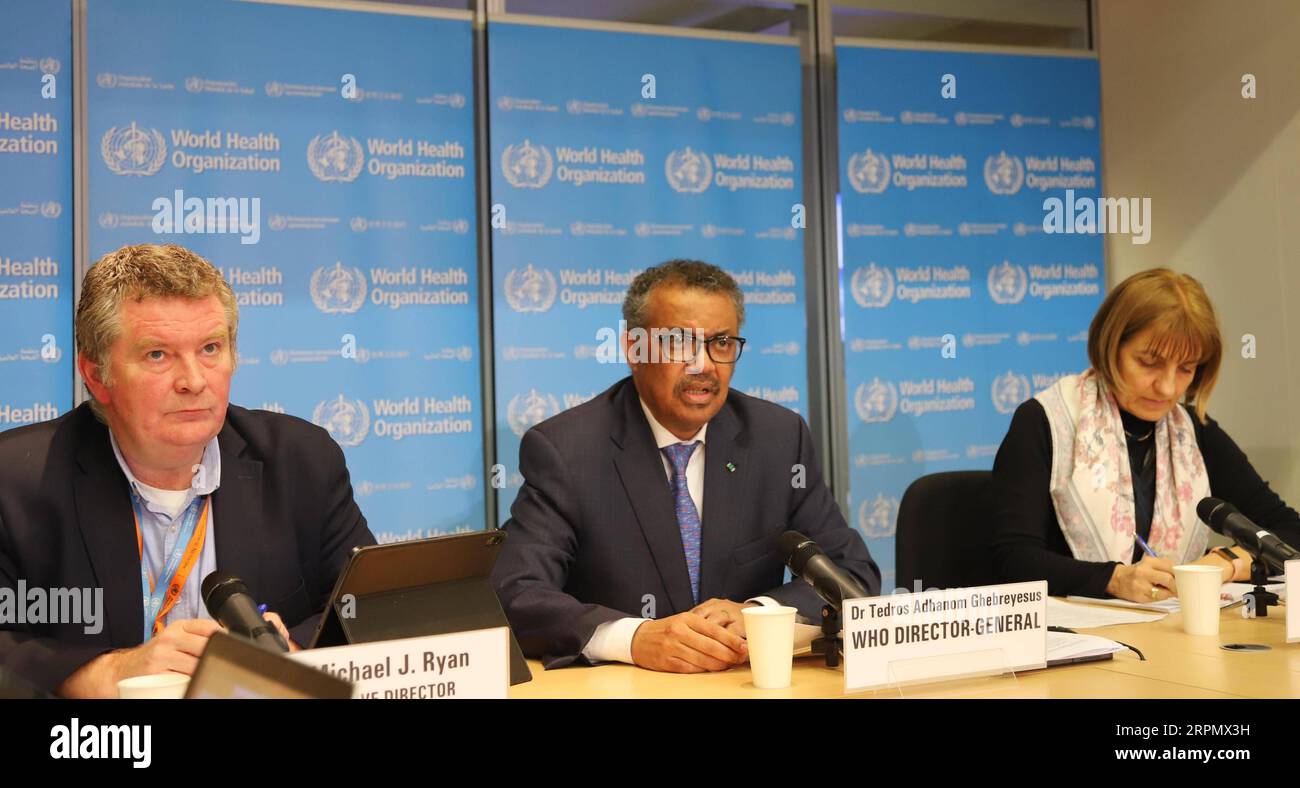 Actualités Bilder des Tages 200218 -- GENÈVE, le 18 février 2020 -- le Dr Tedros Adhanom Ghebreyesus C, Directeur général DE L'OMS DE L'Organisation mondiale de la Santé, prononce une conférence de presse à Genève, Suisse, le 17 février 2020. L OMS a déclaré lundi que le dernier document épidémiologique de la Chine sur le COVID-19 est important pour lui permettre de fournir des conseils à d autres pays. SUISSE-GENÈVE-OMS-COVID-19-CHINE-DOCUMENT ÉPIDÉMIOLOGIQUE CHENXJUNXIA PUBLICATIONXNOTXINXCHN Banque D'Images