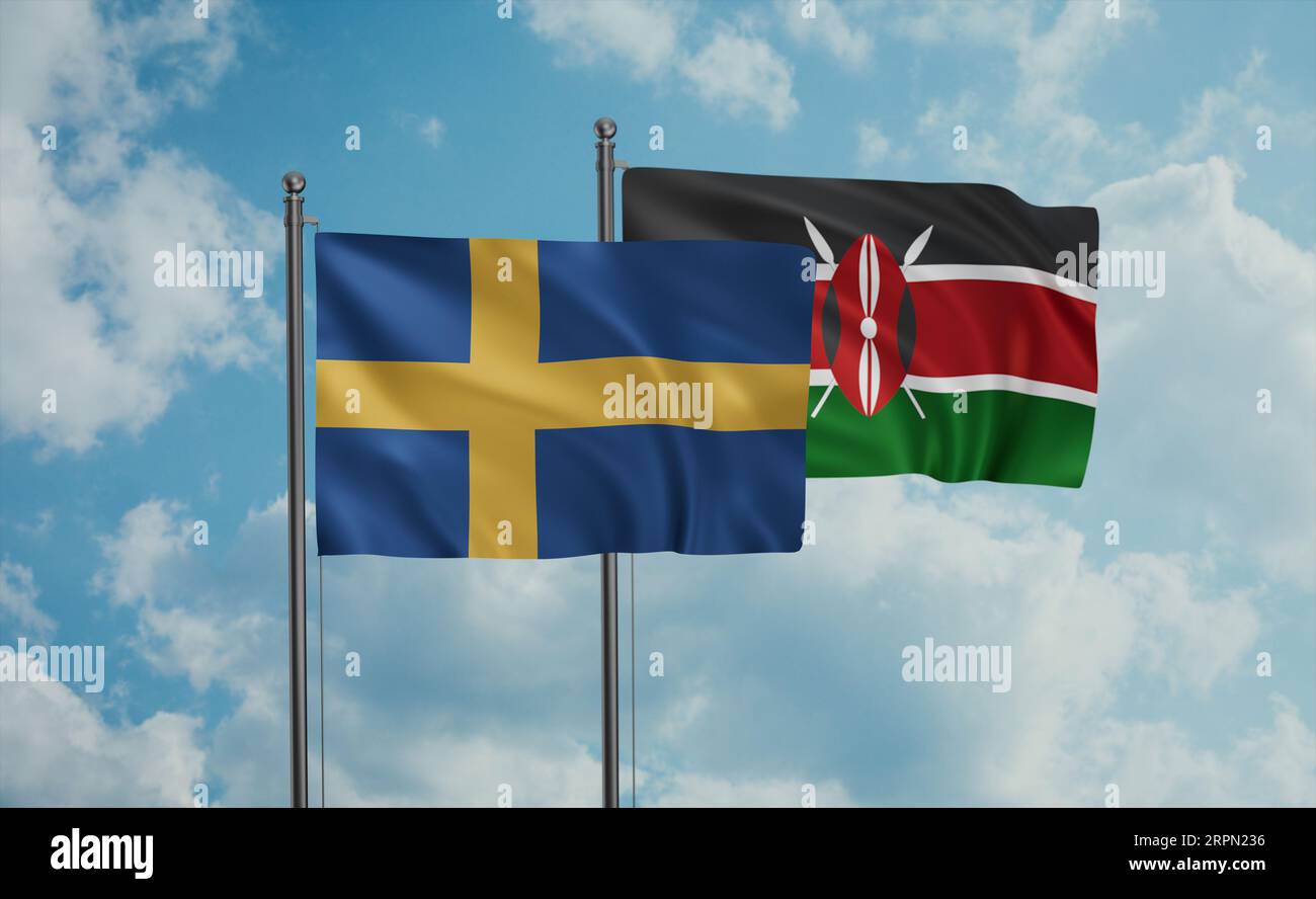 Drapeau du Kenya et drapeau de la Suède agitant ensemble sur le ciel bleu, concept de coopération de deux pays Banque D'Images