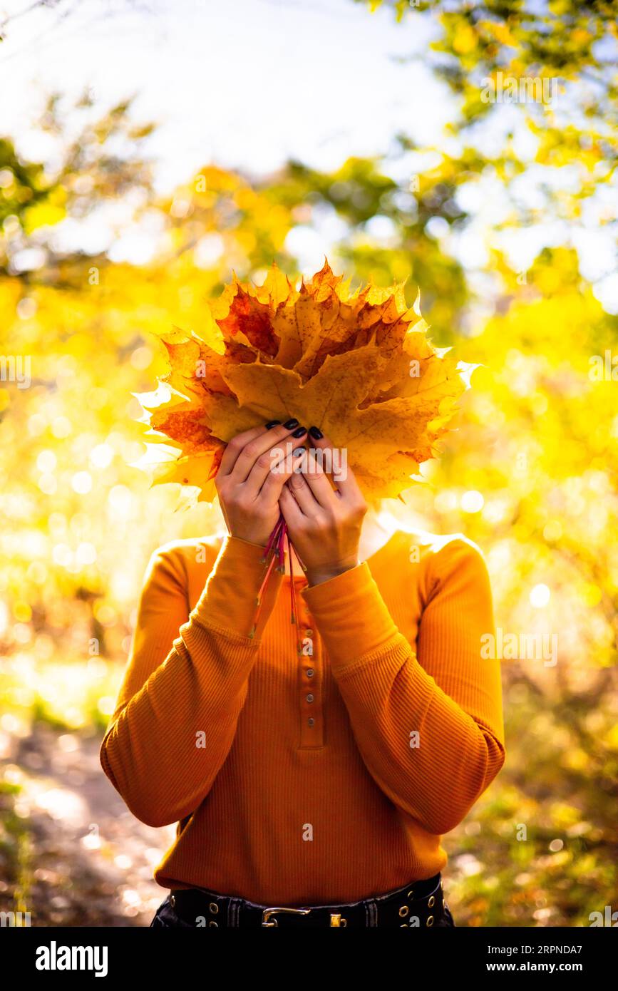 Belle femme dans le parc d'automne. bonheur, harmonie, soins de soi, relaxation et pleine conscience. Banque D'Images