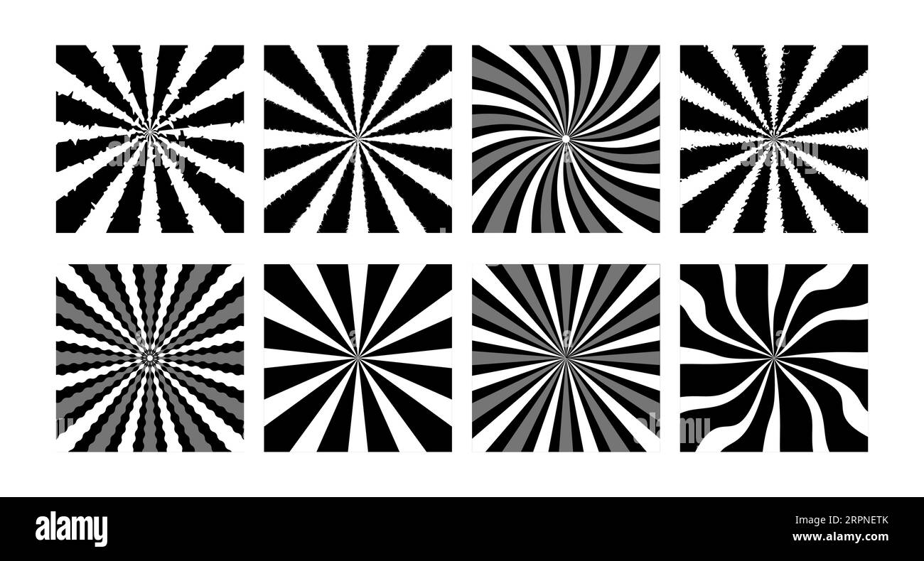 Ensemble de fonds rétro rayons de soleil étoiles d'explosion. Fond abstrait vectoriel de rayons tourbillonnants et de courbes. Modèles d'affiches d'illusion psychédélique Illustration de Vecteur