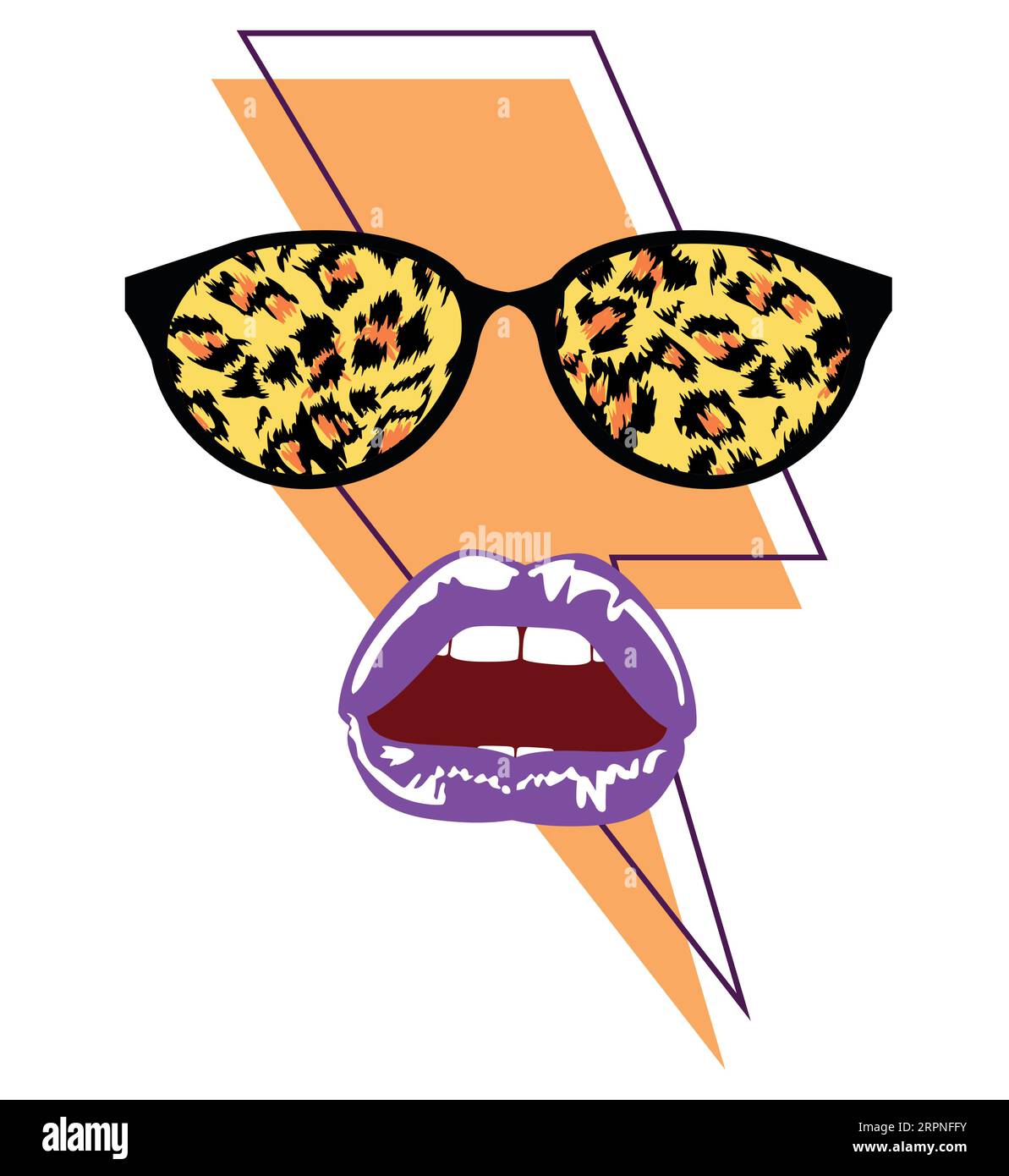T-shirt design pour lunettes avec imprimé animal et lèvres violettes sur le symbole du coup de foudre. Illustration vectorielle pour l'été, Illustration de Vecteur