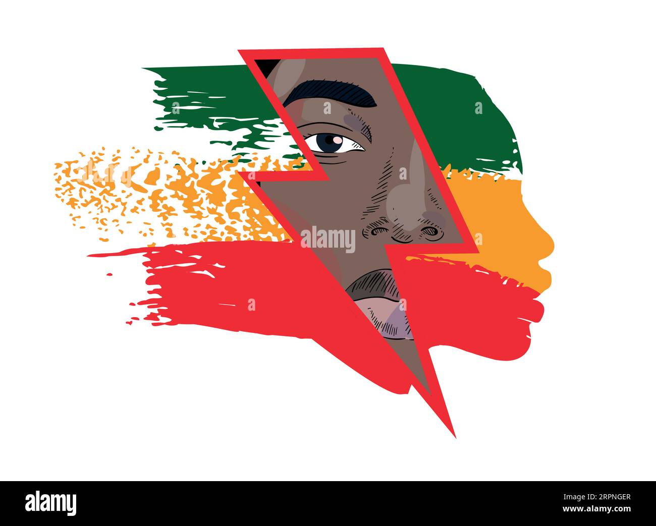 T-shirt design avec le visage d'une femme noire dans le profil avec les couleurs vert, orange et vert et le symbole de coup de foudre. Illustration de Vecteur T-shirt design avec le visage d'une femme noire dans le profil avec les couleurs vert, orange et vert et le symbole de coup de foudre. Illustration de Vecteur