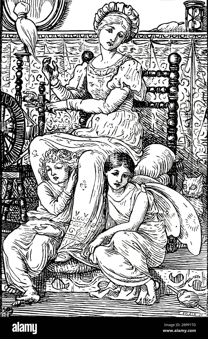 Story Spinning illustré par Walter Crane pour le livre pour enfants ' The Tapestry Room ' de Mme Molesworth, 1842-1921 Date de publication 1893 Éditeur New York, Macmillan Banque D'Images