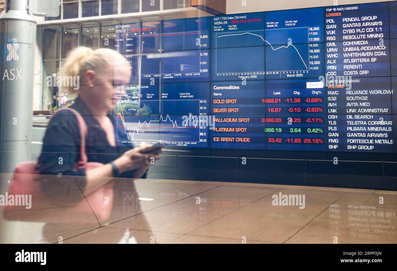 200310 -- SYDNEY, le 10 mars 2020 -- Une femme se promène devant la Bourse australienne ASX à Sydney, en Australie, le 10 mars 2020. Le marché boursier australien a ouvert légèrement plus bas mardi malgré les inquiétudes de pertes plus lourdes suite à une faible avance des marchés étrangers. À 10:30 AEST, l’indice de référence S&P/ASX 200 était en baisse de 22,30 points ou 0,39 % à 5 738,30, tandis que l’indice plus large All Ordinaries était en baisse de 29,10 points ou 0,50 % à 5 793,30. AUSTRALIE-SYDNEY-BOURSE-PLONGÉE BaixXuefei PUBLICATIONxNOTxINxCHN Banque D'Images