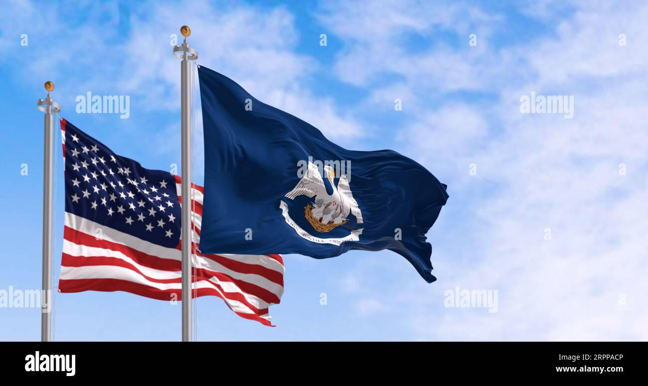 Drapeau de l'État de Louisiane agitant dans le vent avec le drapeau national des États-Unis. rendu d'illustration 3d. Tissu ondulé. Banque D'Images