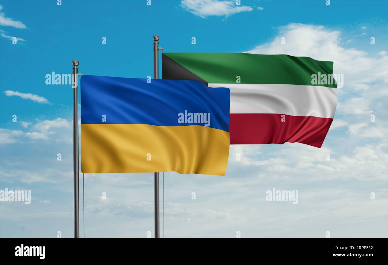 Drapeau du Koweït et de l'Ukraine agitant ensemble dans le vent sur le ciel bleu, concept de coopération de deux pays Banque D'Images