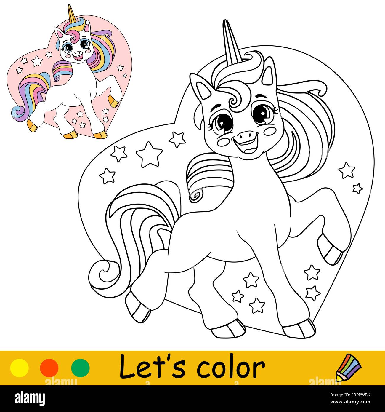 Dessin animé mignon licorne drôle dans un cœur. Page de livre de coloriage. Illustration isolée vectorielle noir et blanc avec modèle coloré pour les enfants. Pour colorier Illustration de Vecteur