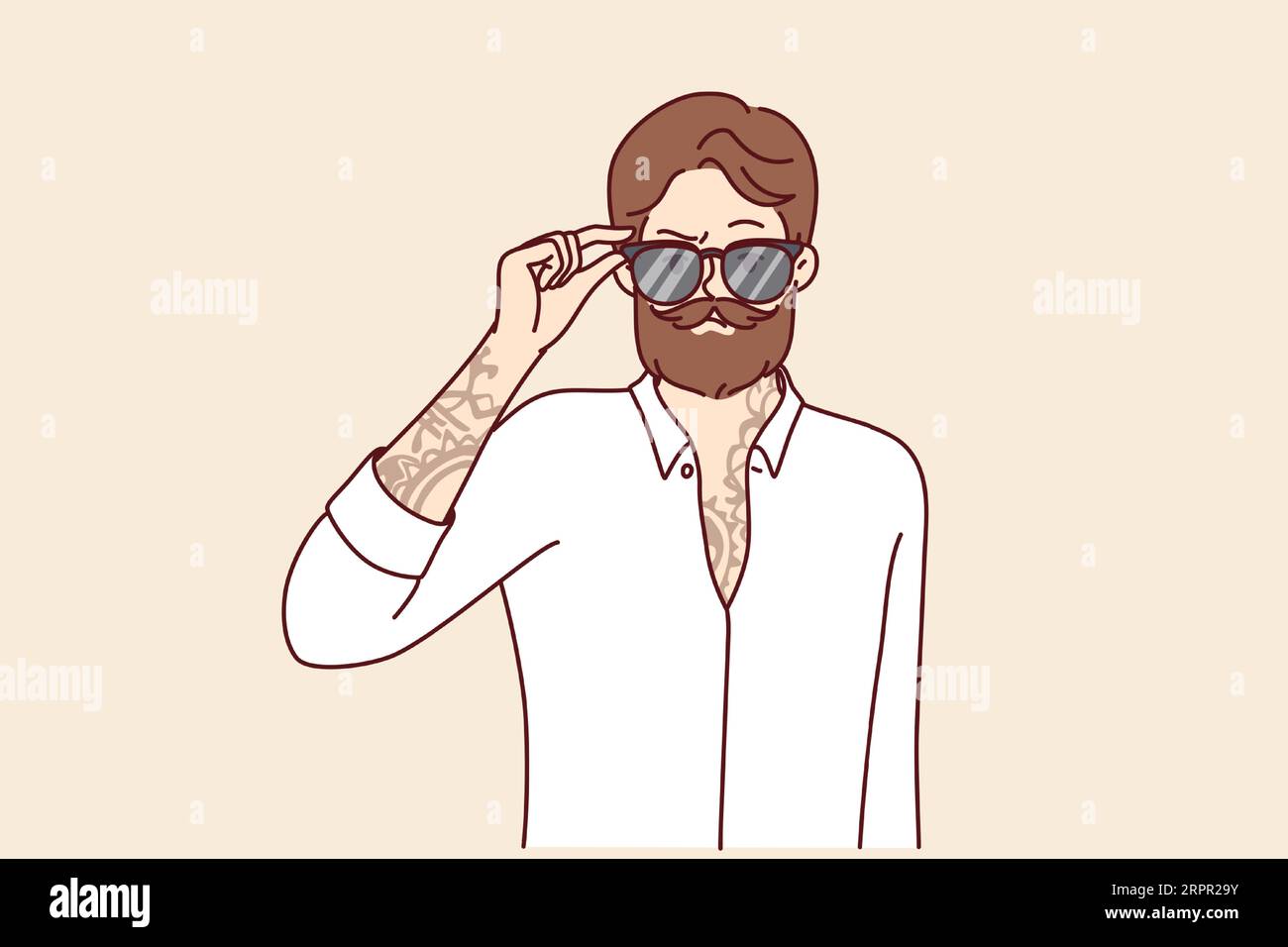 Hipster homme avec barbe et moustache tendance met des lunettes de soleil et a tatouage sur la poitrine et les bras. Jeune gars brutal gangster ou membre d'un gang criminel avec tatouage sur le corps, regarde l'écran Illustration de Vecteur