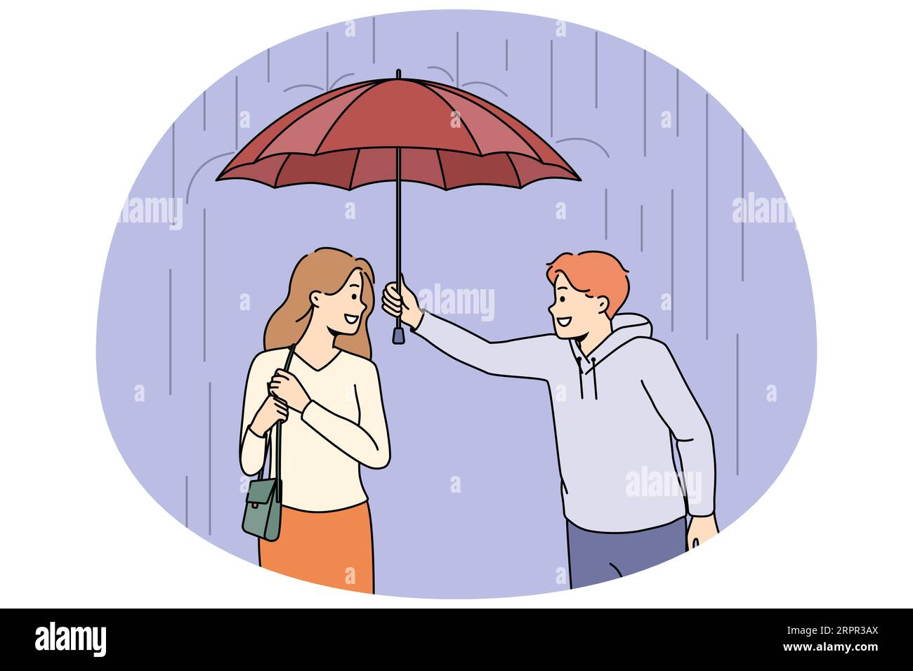 Un jeune homme attentionné partageant un parapluie avec une jolie femme à l'extérieur. Souriants messieurs protègent les femmes de la pluie à l'extérieur. Illustration vectorielle. Illustration de Vecteur